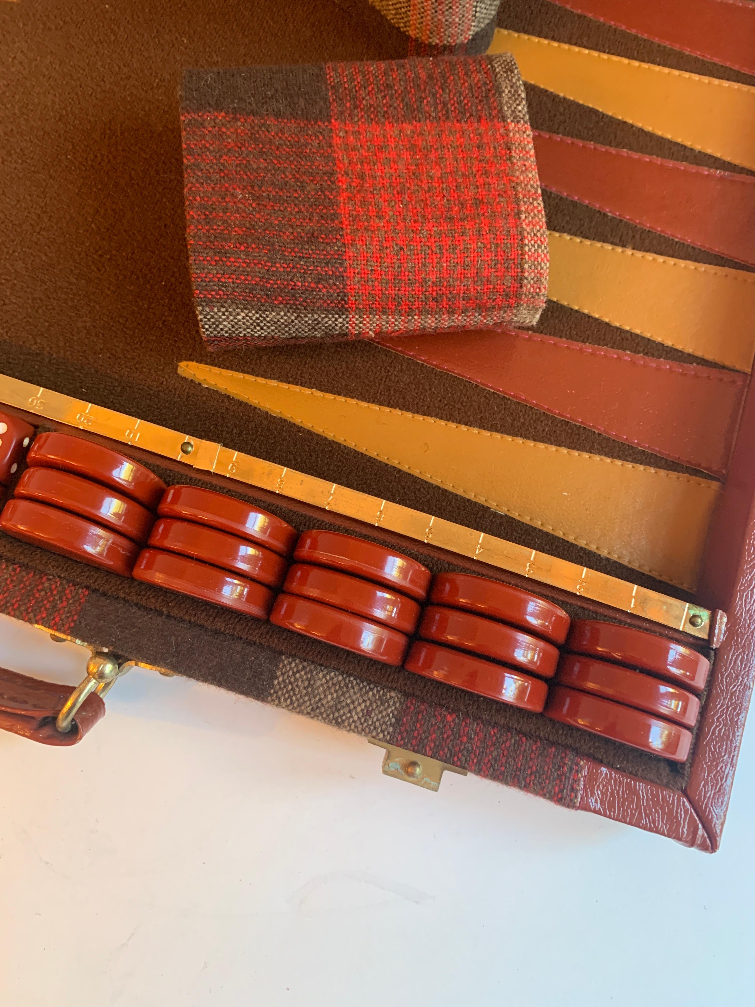 20th Century Leather and Wool Backgammon Suitcase Style Backgammon Set