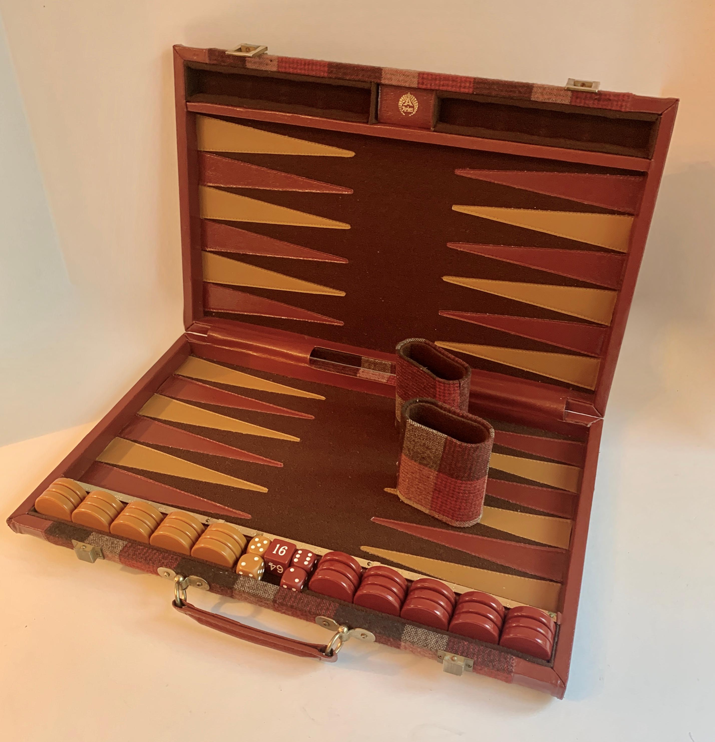 Brass Leather and Wool Backgammon Suitcase Style Backgammon Set