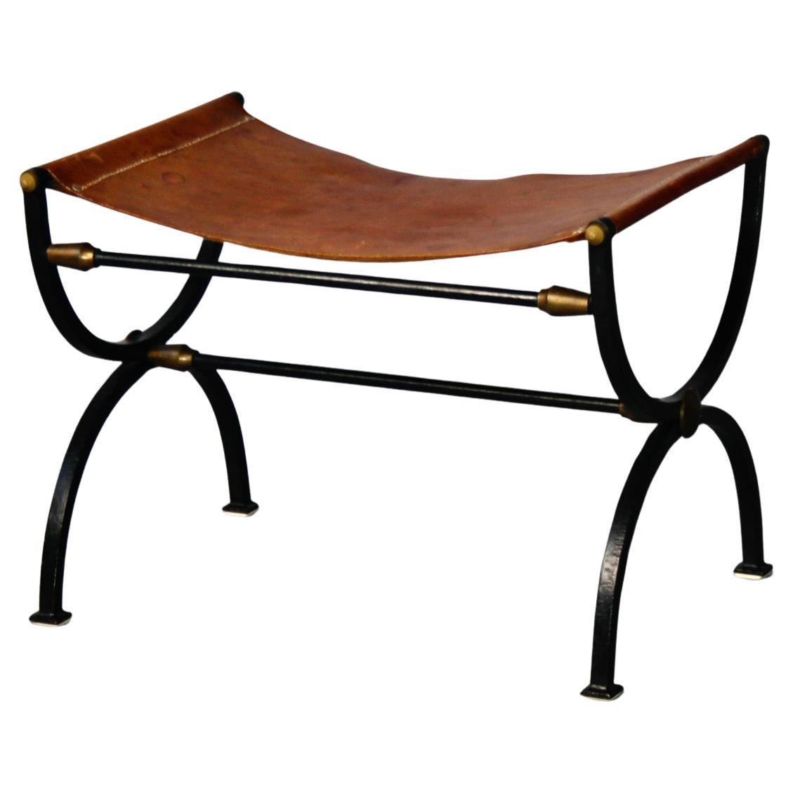 Leather and wrought iron Neo classic stool