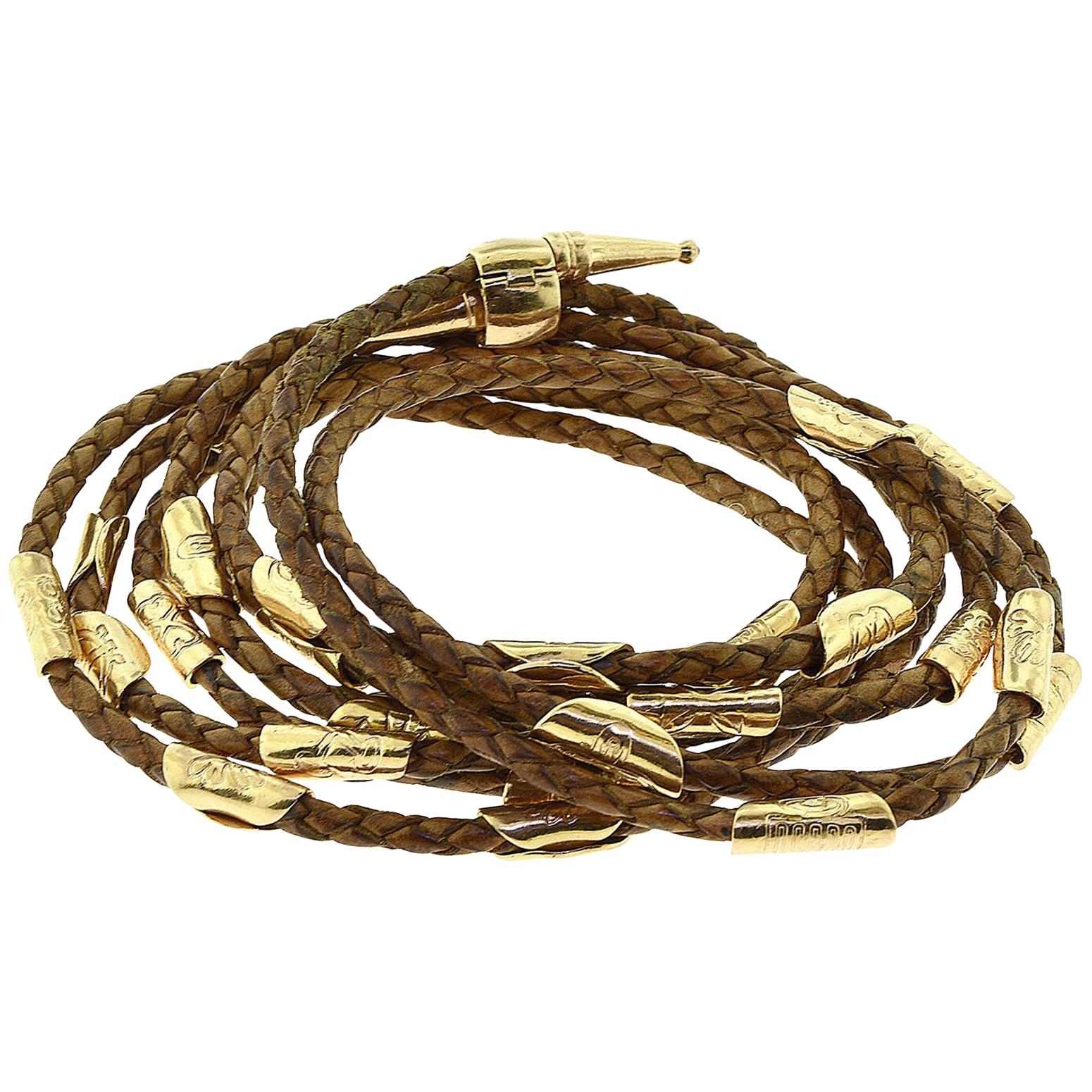 Leather and Yellow Gold Wrap Around Woven Multi Layer Bracelet Unisex