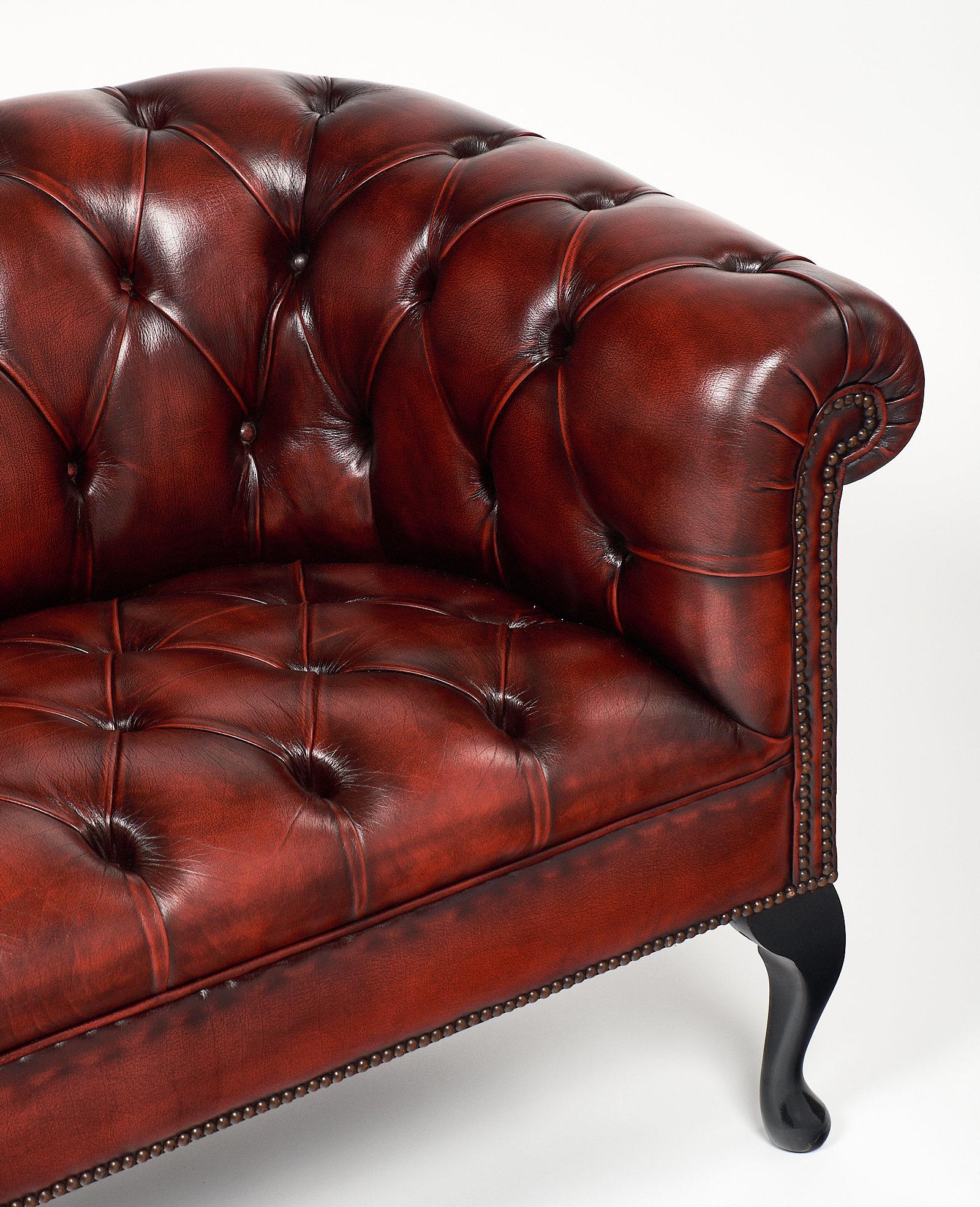 French Leather Antique Chesterfield Loveseat