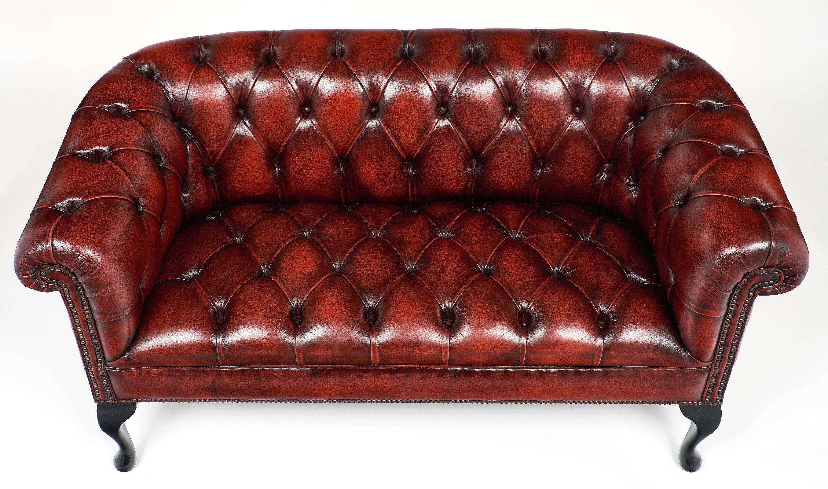 Leather Antique Chesterfield Loveseat In Excellent Condition In Austin, TX