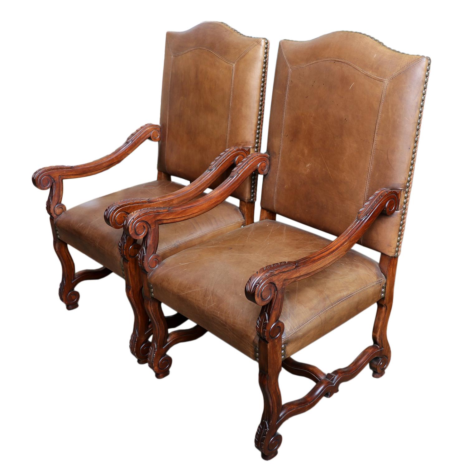 Leather Arm Chairs With Nail Head and Carving Details - a Pair In Good Condition For Sale In San Francisco, CA