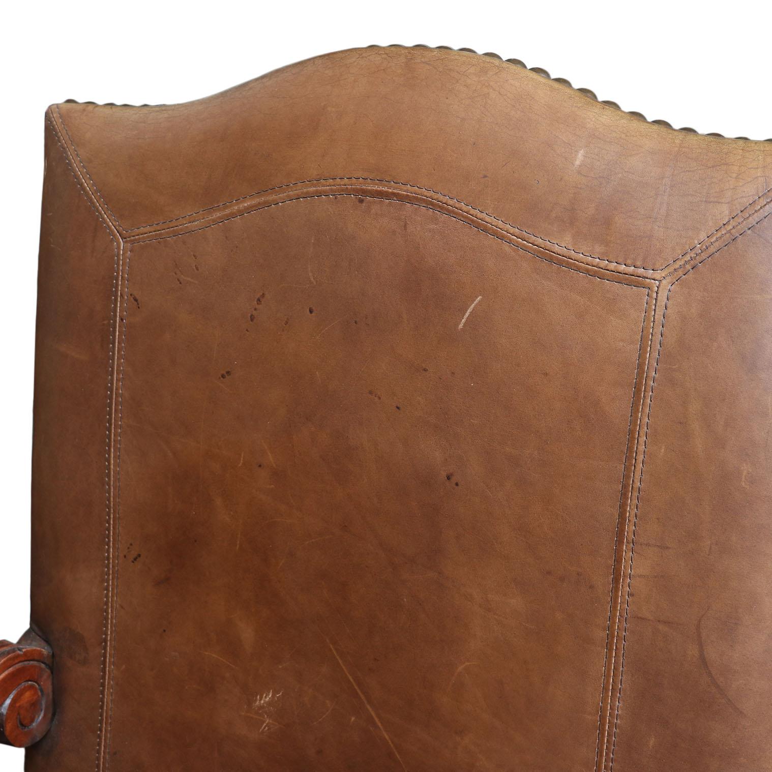Leather Arm Chairs With Nail Head and Carving Details - a Pair For Sale 4