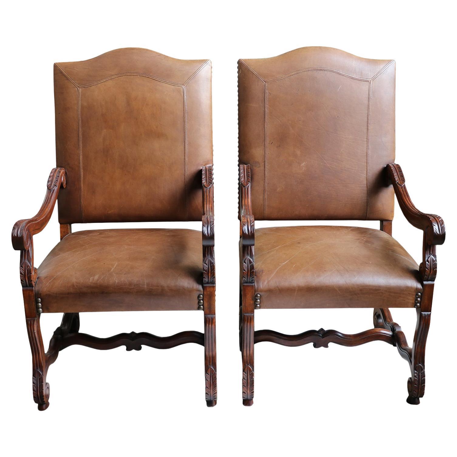 Leather Arm Chairs With Nail Head and Carving Details - a Pair For Sale