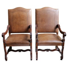 Retro Leather Arm Chairs With Nail Head and Carving Details - a Pair