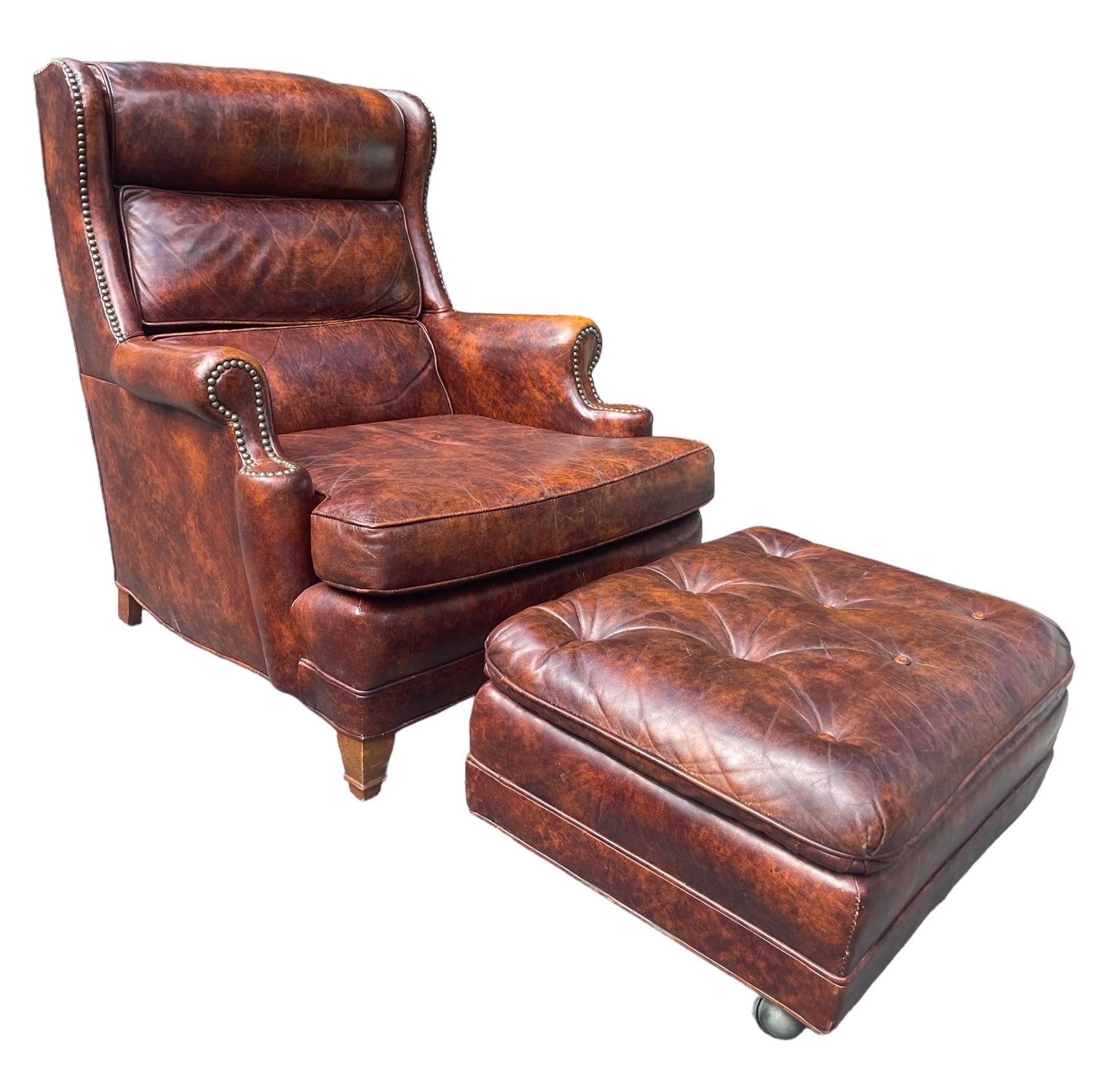 Leather Armchair Hancock and Moore Leather Club Chair With Ottoman In Good Condition In Rochester, NY