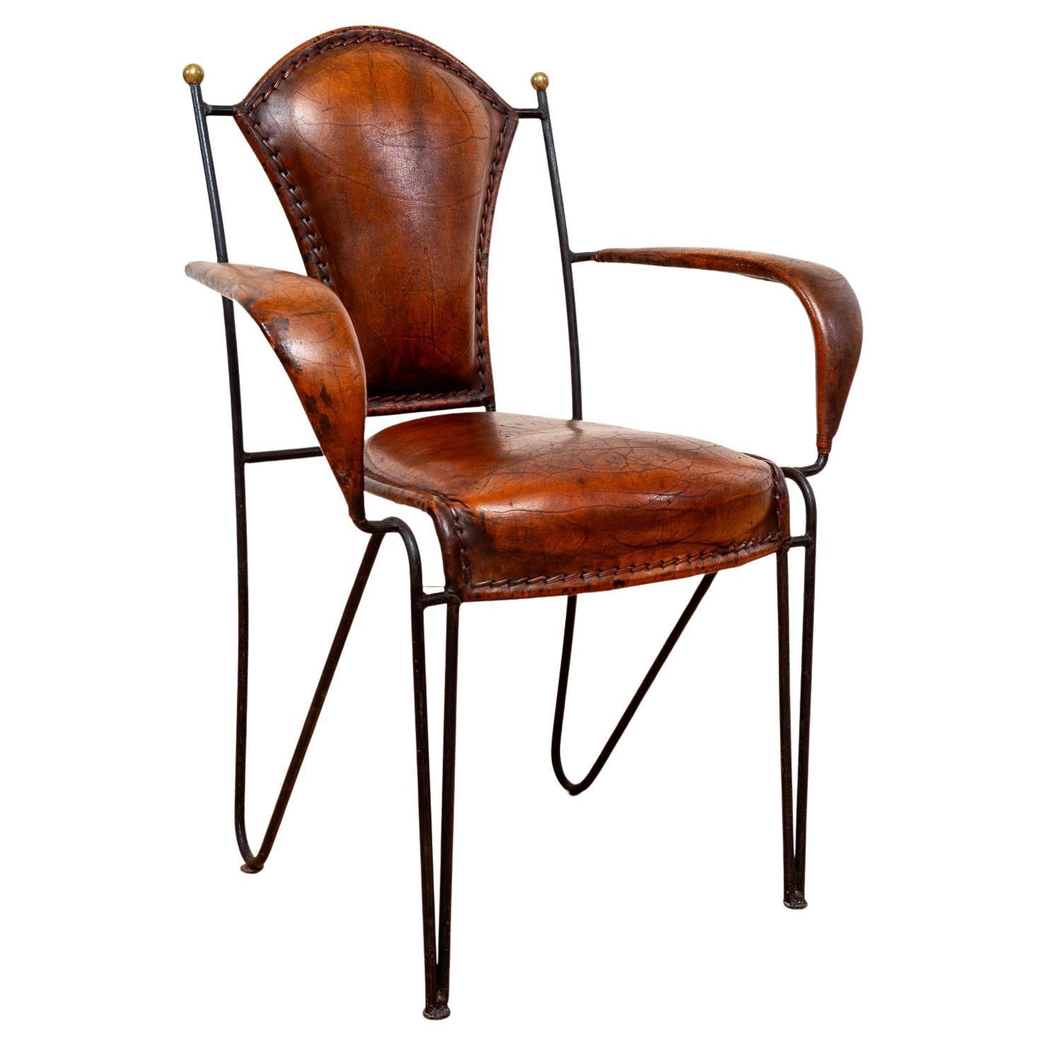 Leather Armchair Iron Brass by Jacques Adnet 1950s French Artisan Sculptural MCM