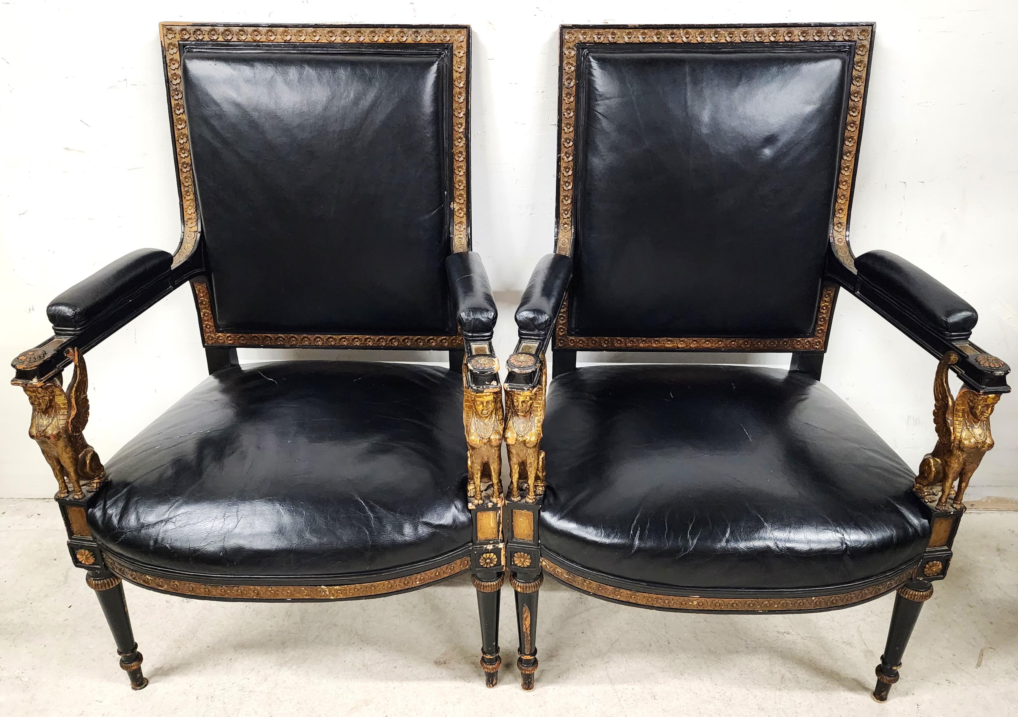 Leather Armchairs Empire Style Midcentury In Good Condition For Sale In Lake Worth, FL