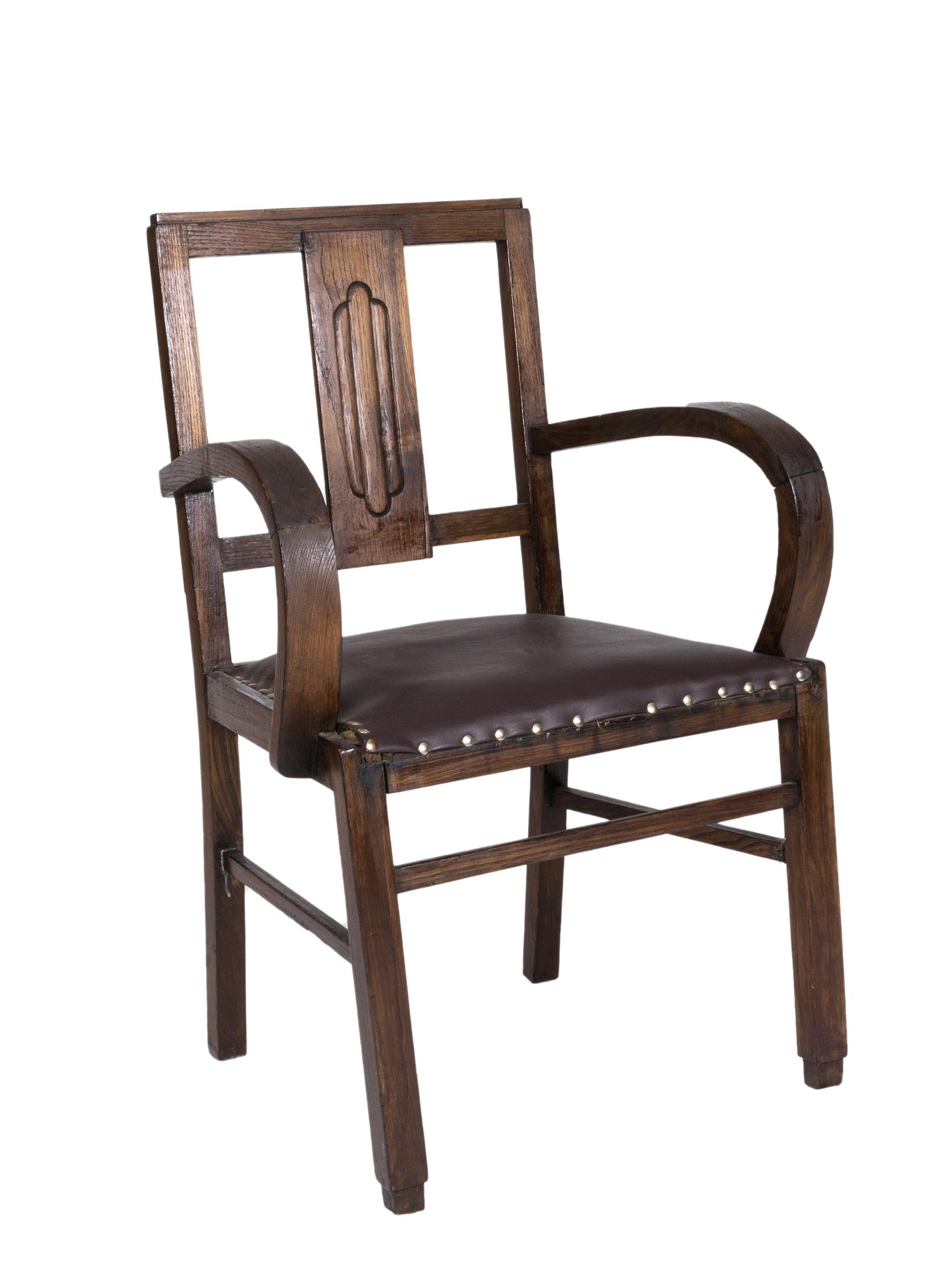 Portuguese Leather Art Deco Armchair, 20th Century For Sale