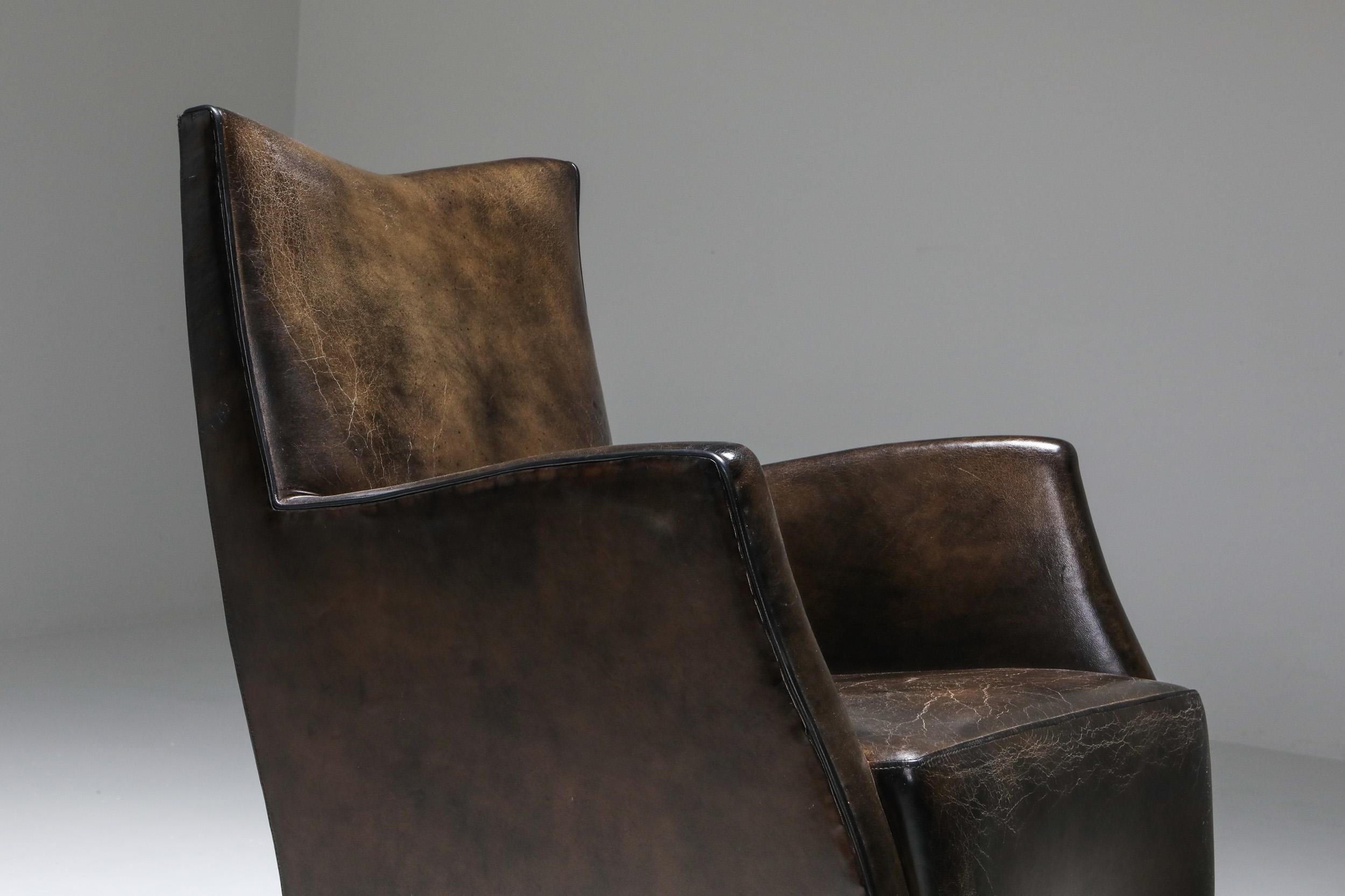 Leather Art Deco Style Armchairs in Brown Grey Patina 8