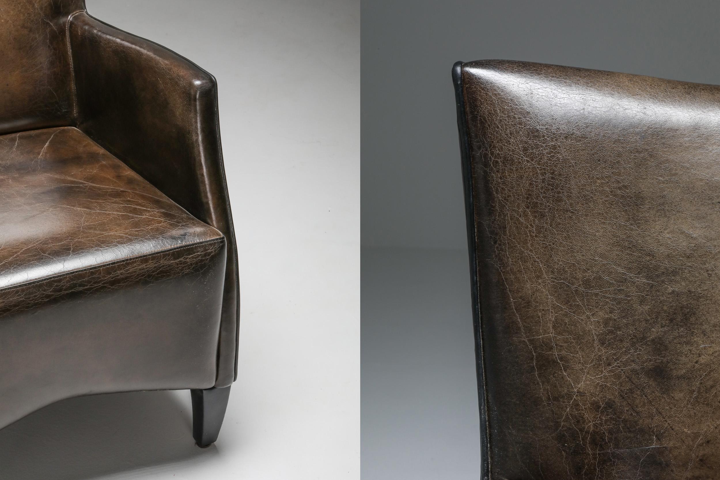 Leather Art Deco Style Armchairs in Brown Grey Patina 9