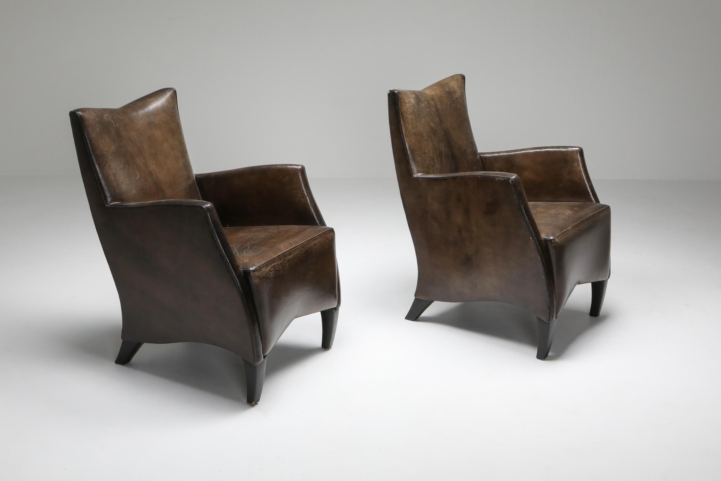 Leather armchairs by Bart Van Bekhoven, the Netherlands 1970s, set of six

In a style which is more contemporary and organic than Classic Art Deco, 
and an unmatched quality as even the legs are covered in leather. 
A true master in patinating