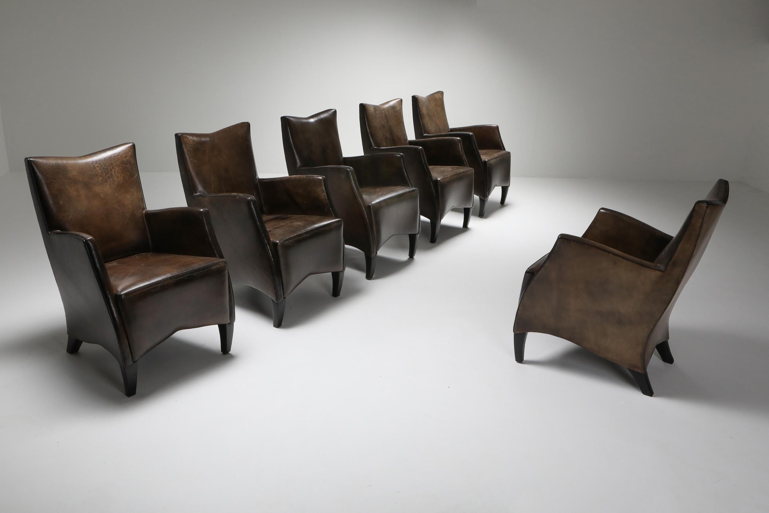 Dutch Leather Art Deco Style Armchairs in Brown Grey Patina