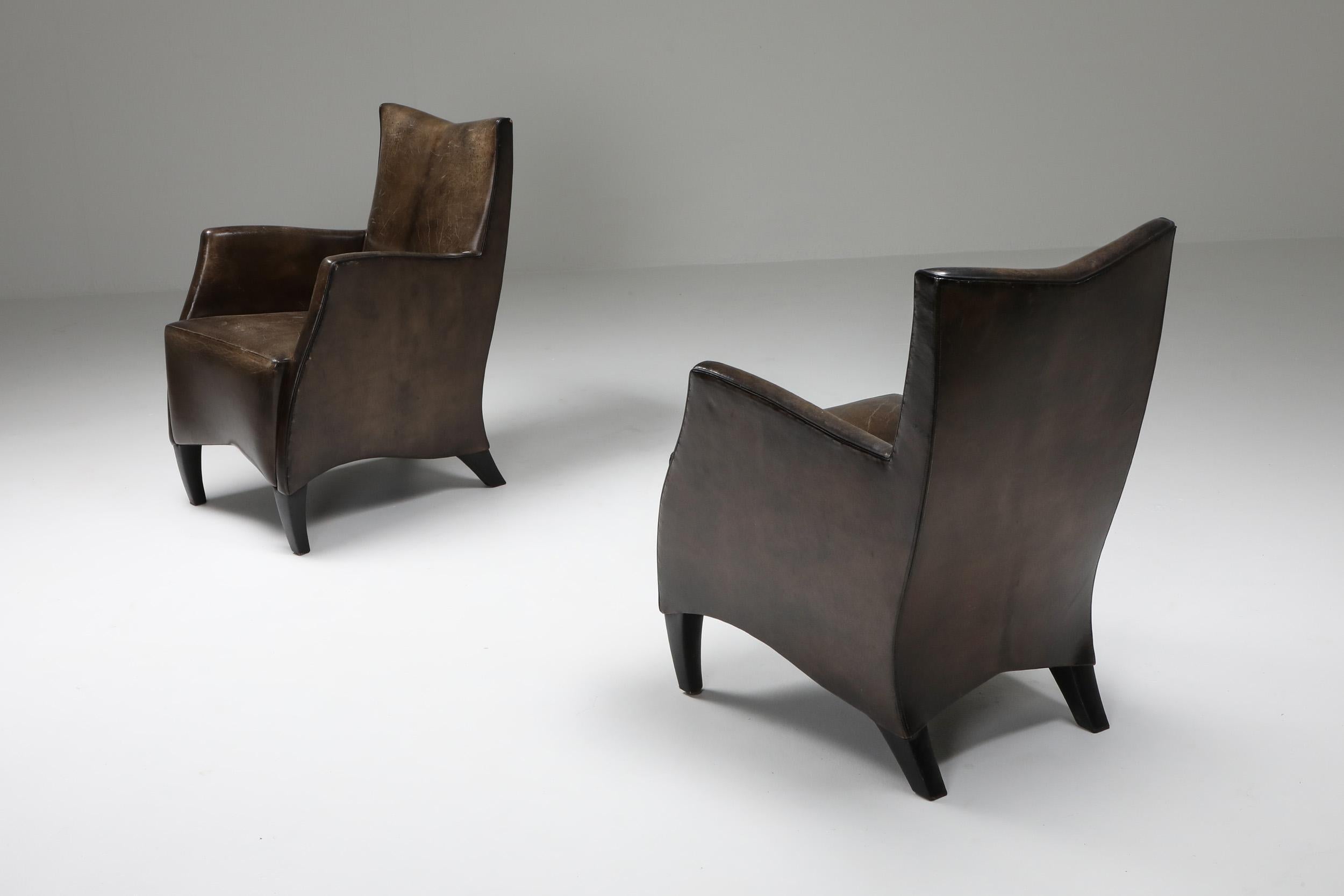 20th Century Leather Art Deco Style Armchairs in Brown Grey Patina