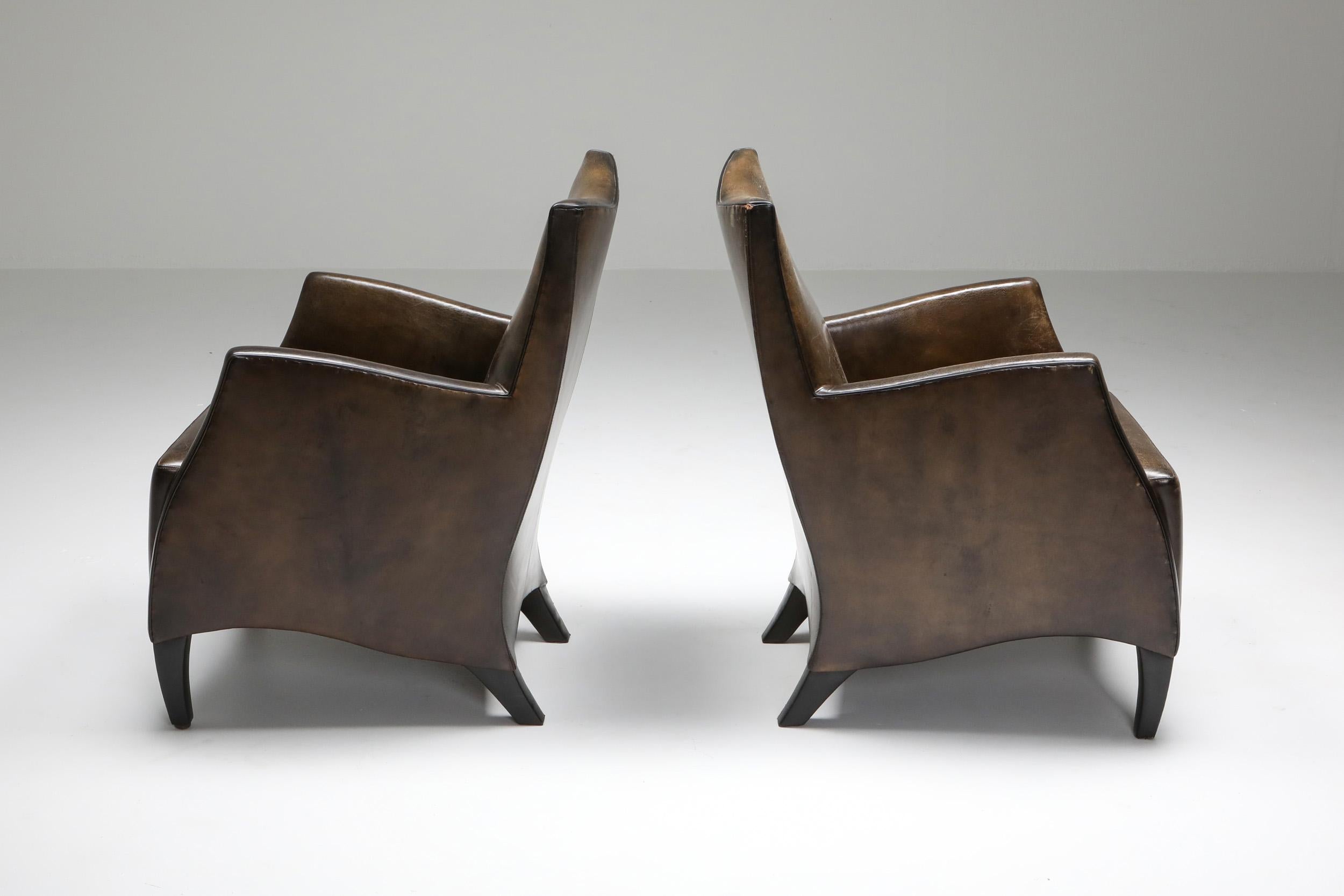 Leather Art Deco Style Armchairs in Brown Grey Patina 1