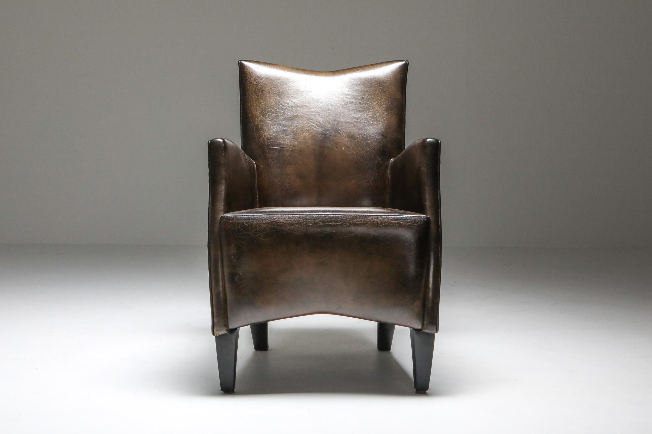 Leather Art Deco Style Armchairs in Brown Grey Patina 2