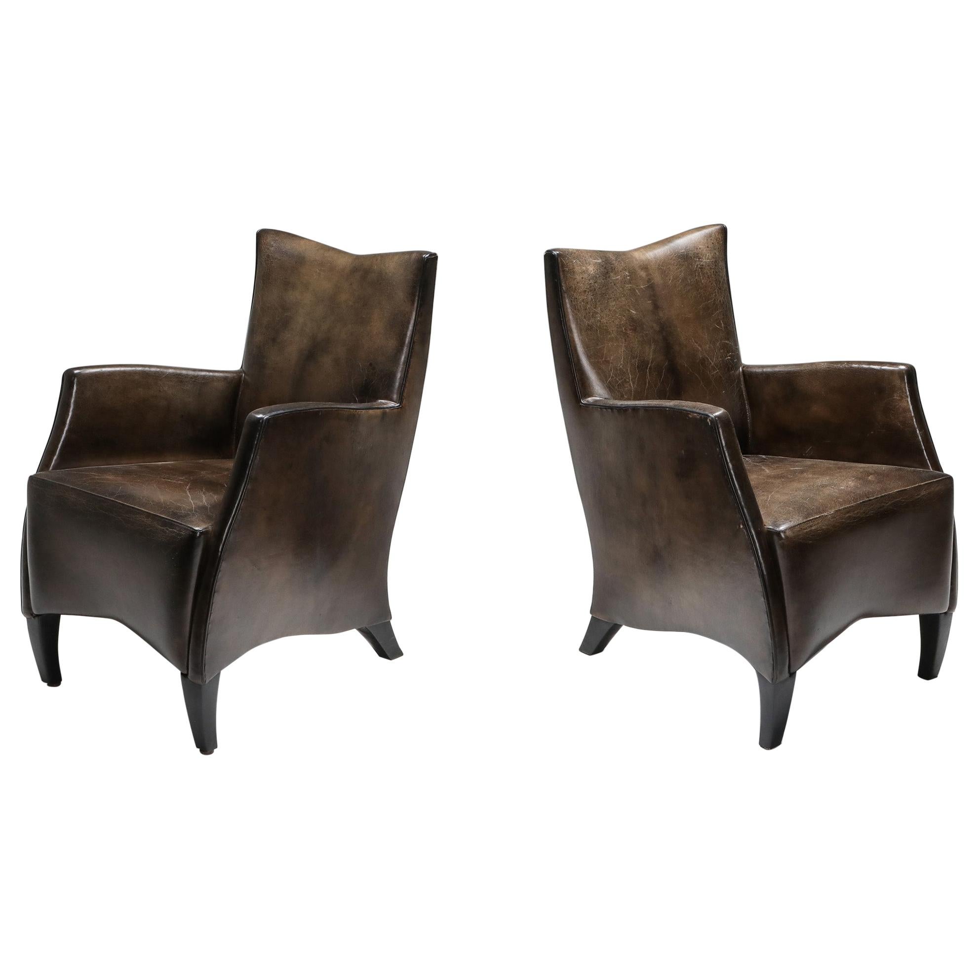 Leather Art Deco Style Armchairs in Brown Grey Patina