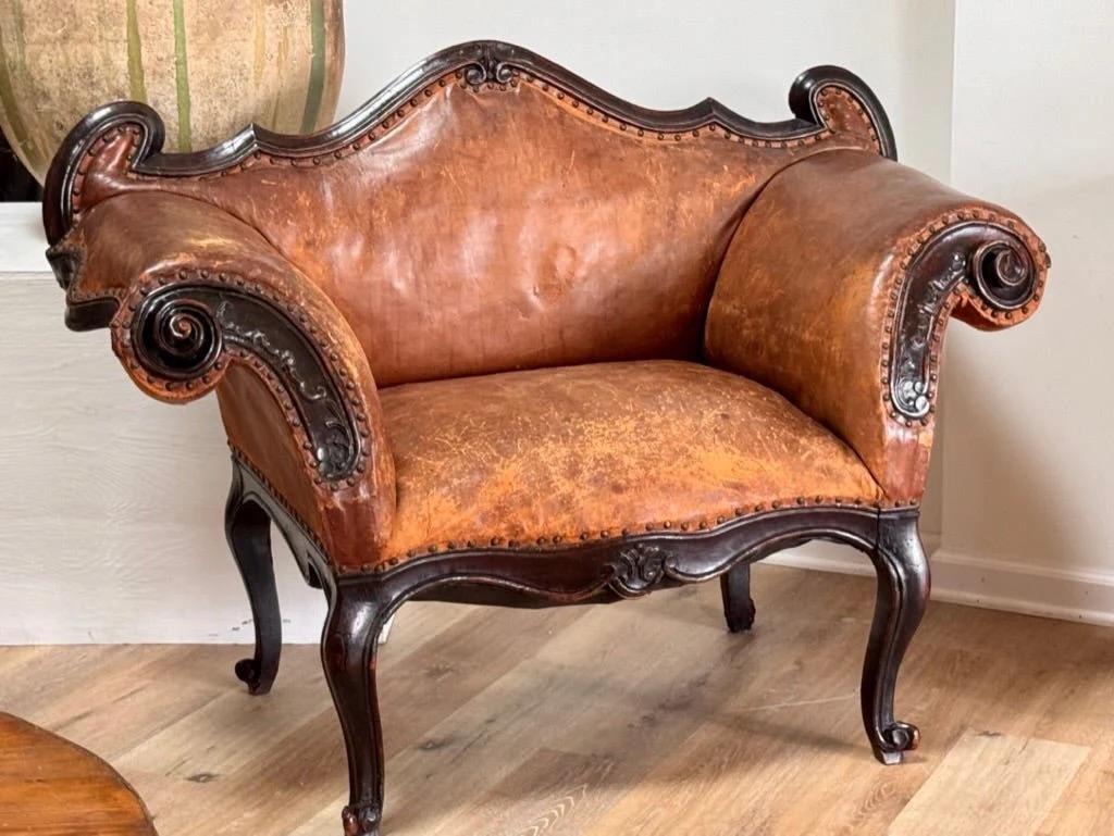 Leather Banquette, Chair / Sette Italian 18th Century Lombardi For Sale 1
