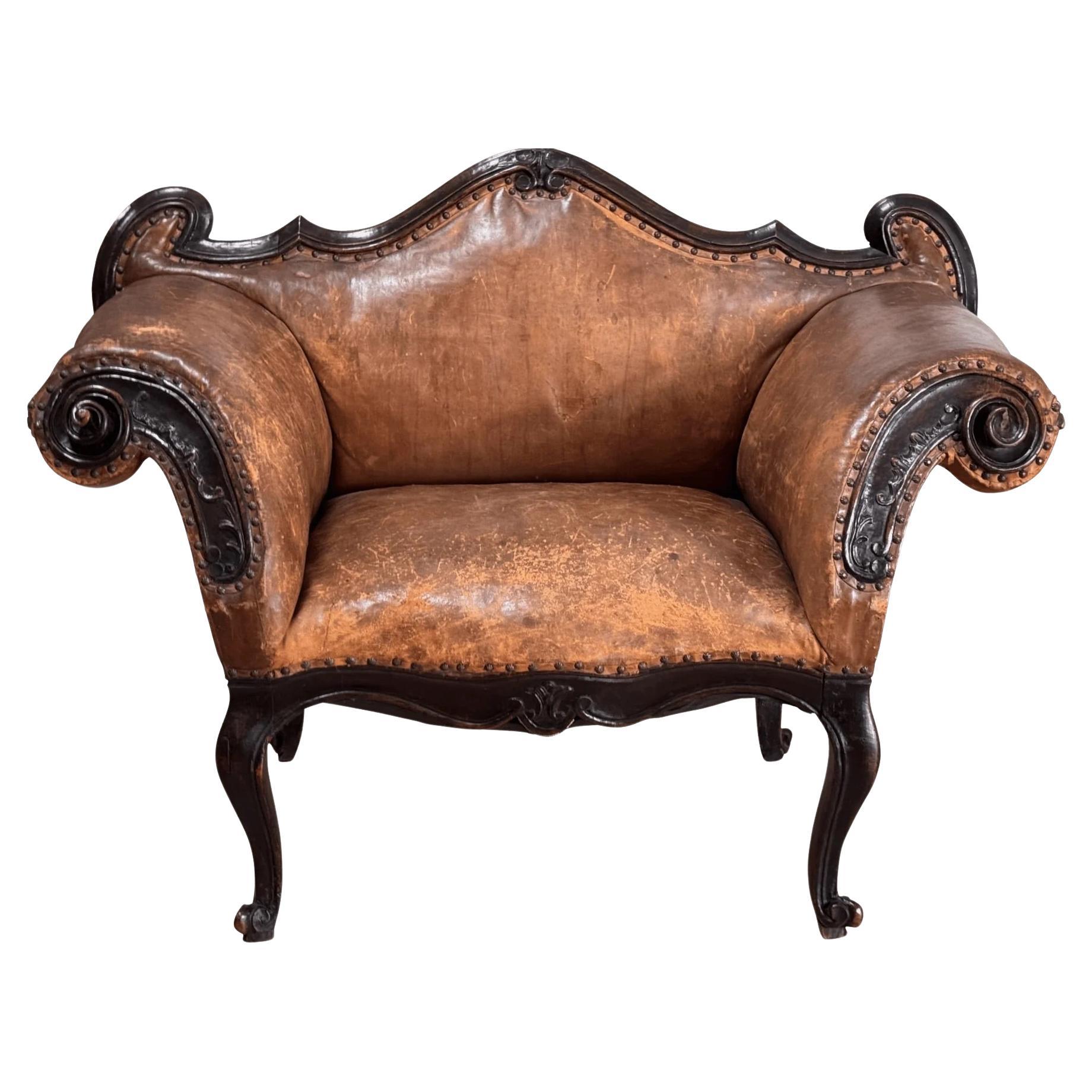 Leather Banquette, Chair / Sette Italian 18th Century Lombardi For Sale