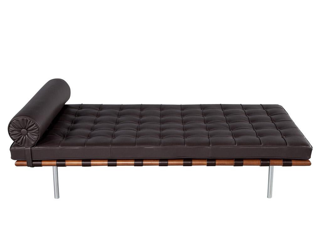 The Knoll Studio Barcelona Daybed by iconic designer, Ludwig Mies van der Rohe, is a modern classic. The comfortable cushion is hand seamed and buttoned in top quality chocolate brown leather. It features intertwined leather straps, long bolster