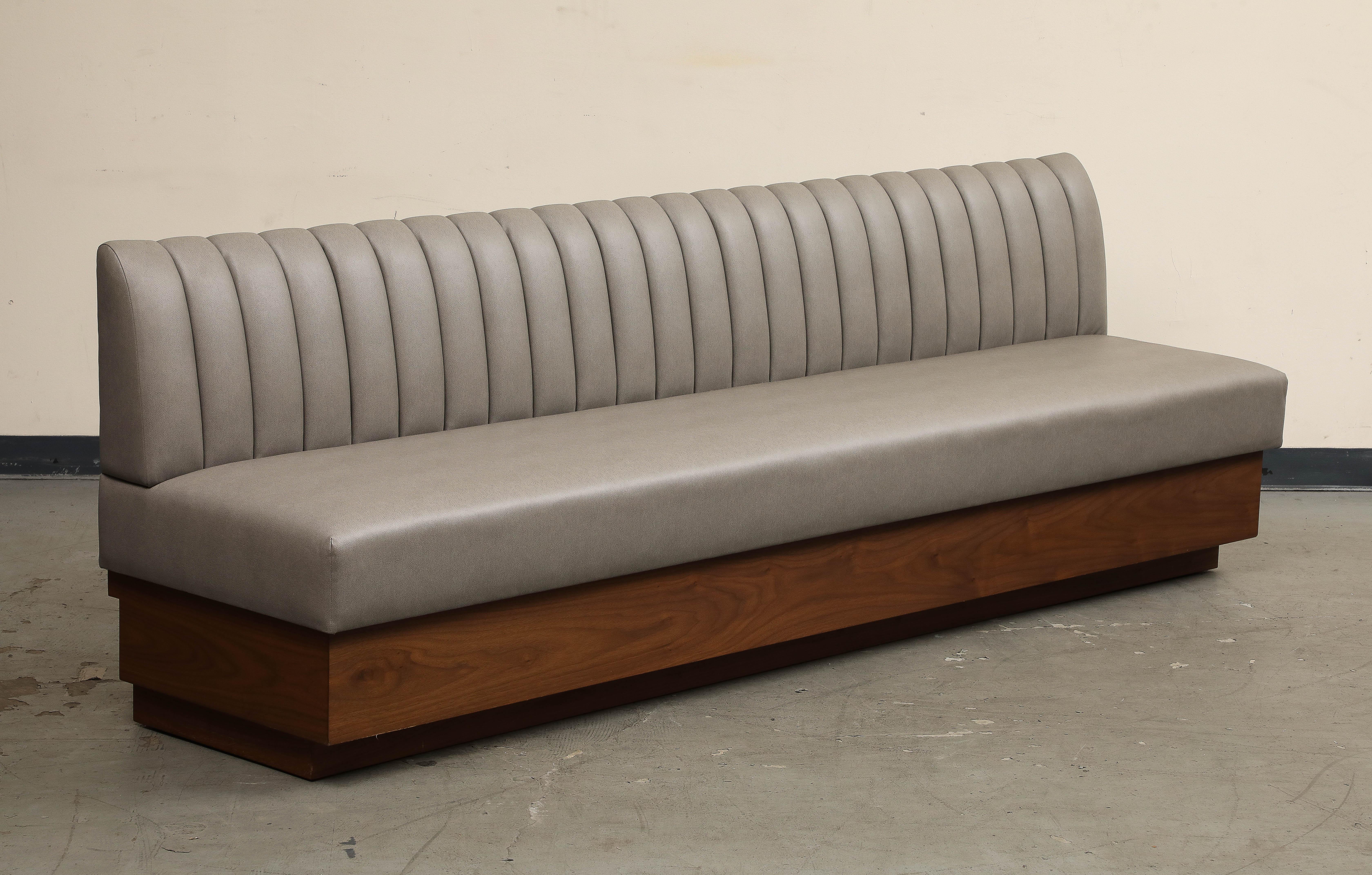 Modern Leather Barrel Tufted Banquette on Walnut Base by ROOM