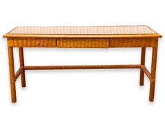 Leather Basket Weave Glass Top Foyer Console Table Attributed to McGuire