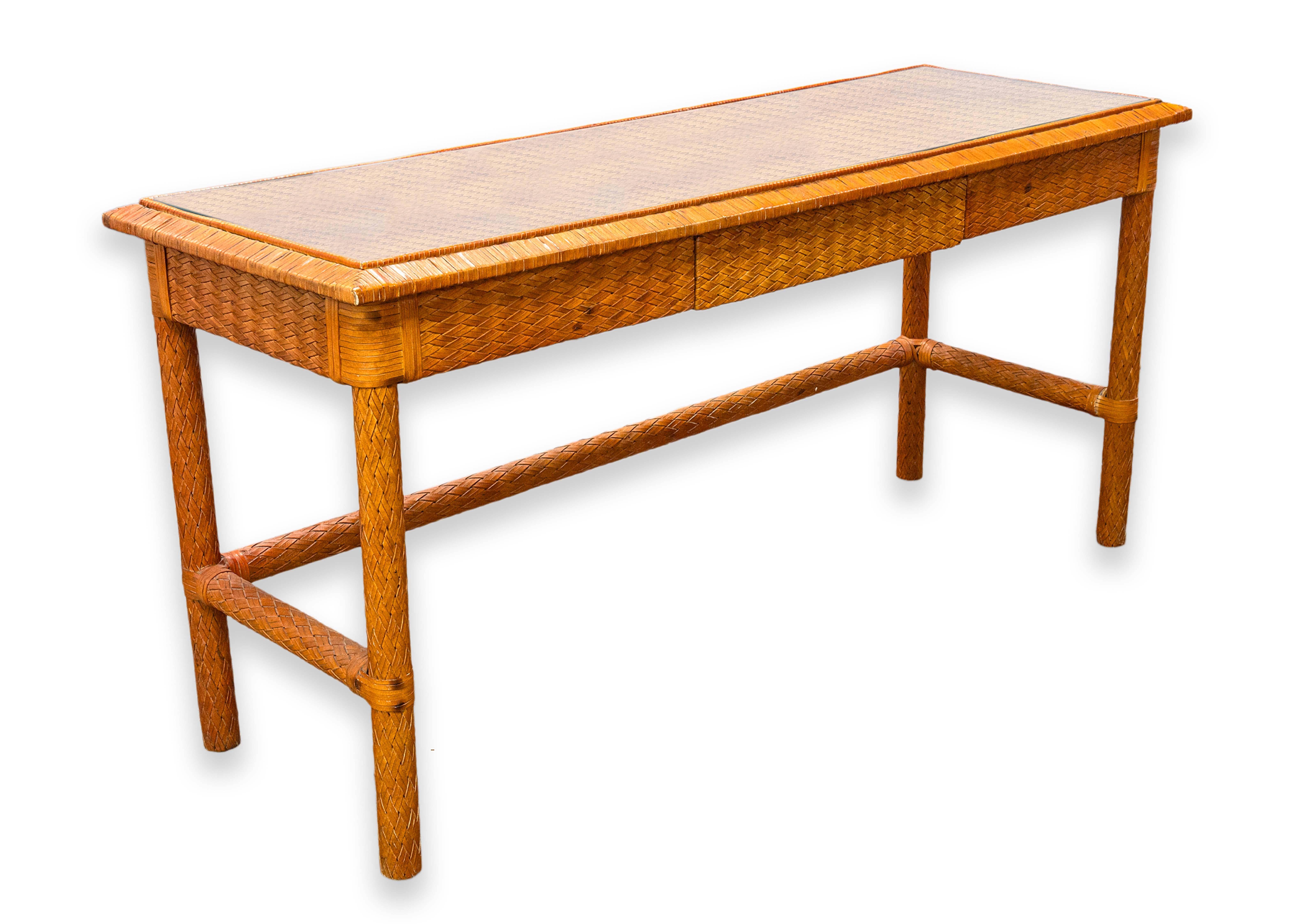Unknown Leather Basket Weave Glass Top Foyer Console Table Attributed to McGuire For Sale