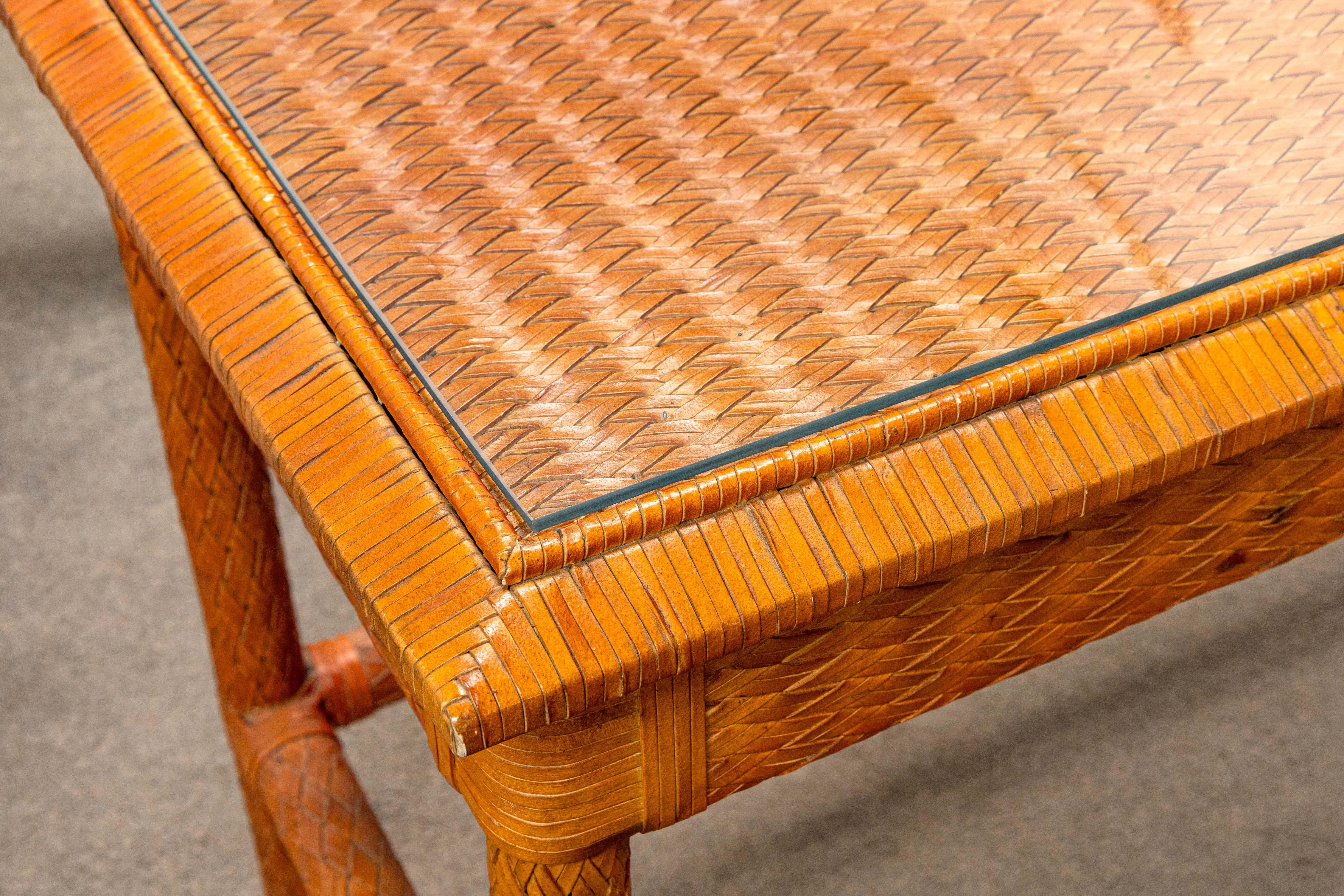 Leather Basket Weave Glass Top Foyer Console Table Attributed to McGuire In Good Condition For Sale In Keego Harbor, MI