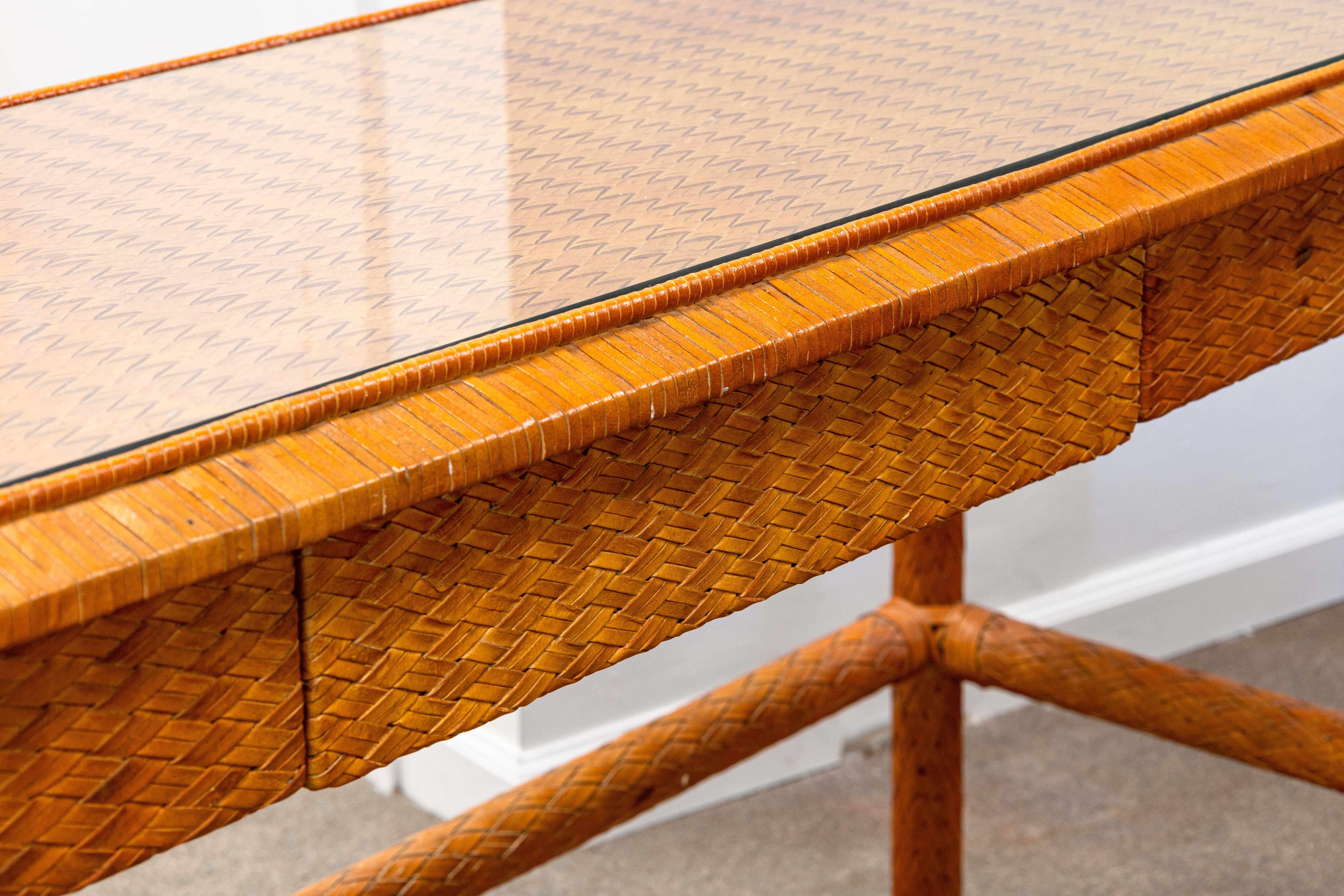 Leather Basket Weave Glass Top Foyer Console Table Attributed to McGuire For Sale 1