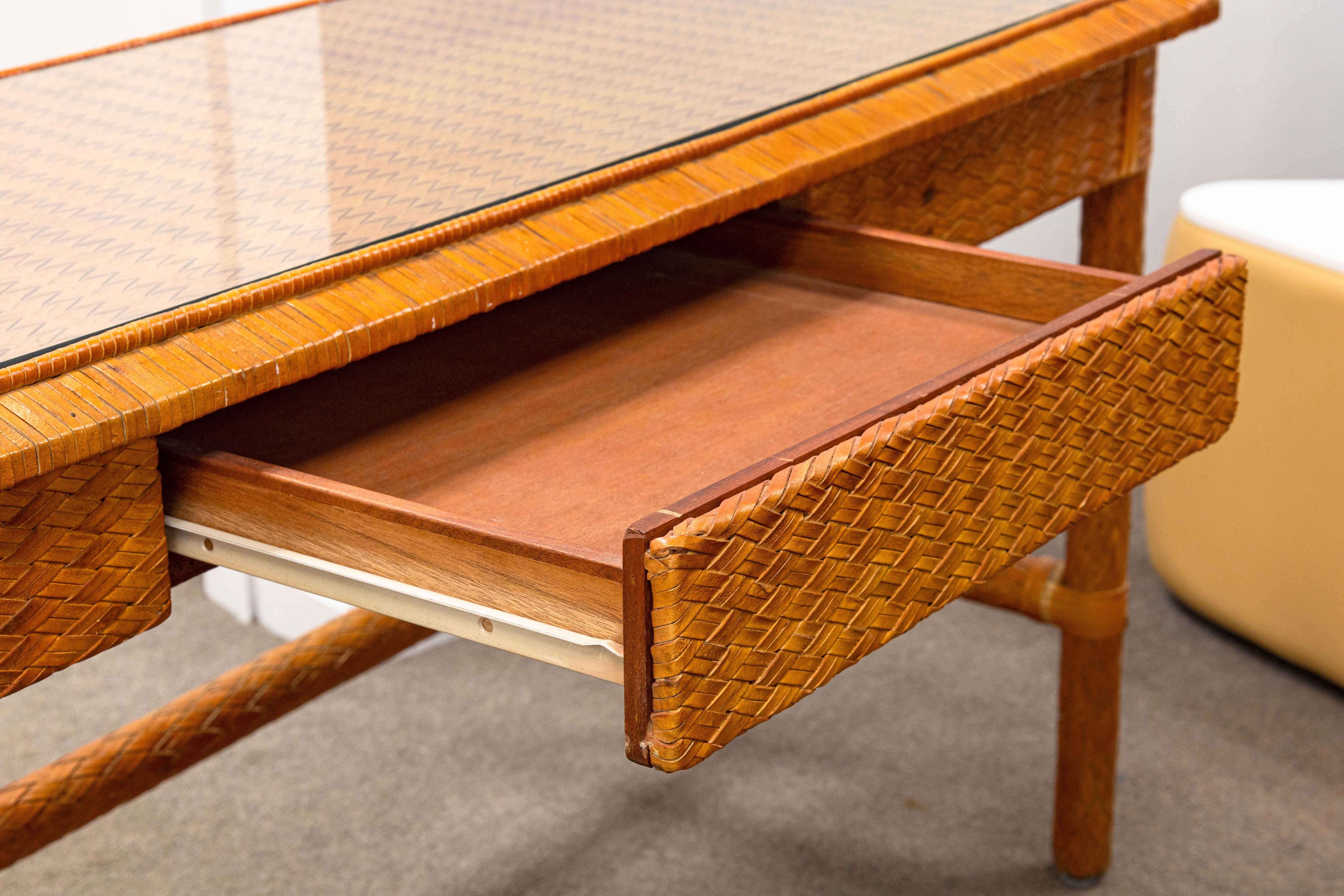 Leather Basket Weave Glass Top Foyer Console Table Attributed to McGuire For Sale 2