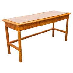 Leather Basket Weave Glass Top Foyer Console Table Attributed to McGuire