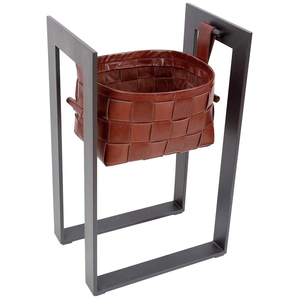 Leather Basket with Stand Dark Brown