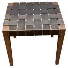 Leather Basketweave Stool/ Accent Table; Walnut Wood Frame