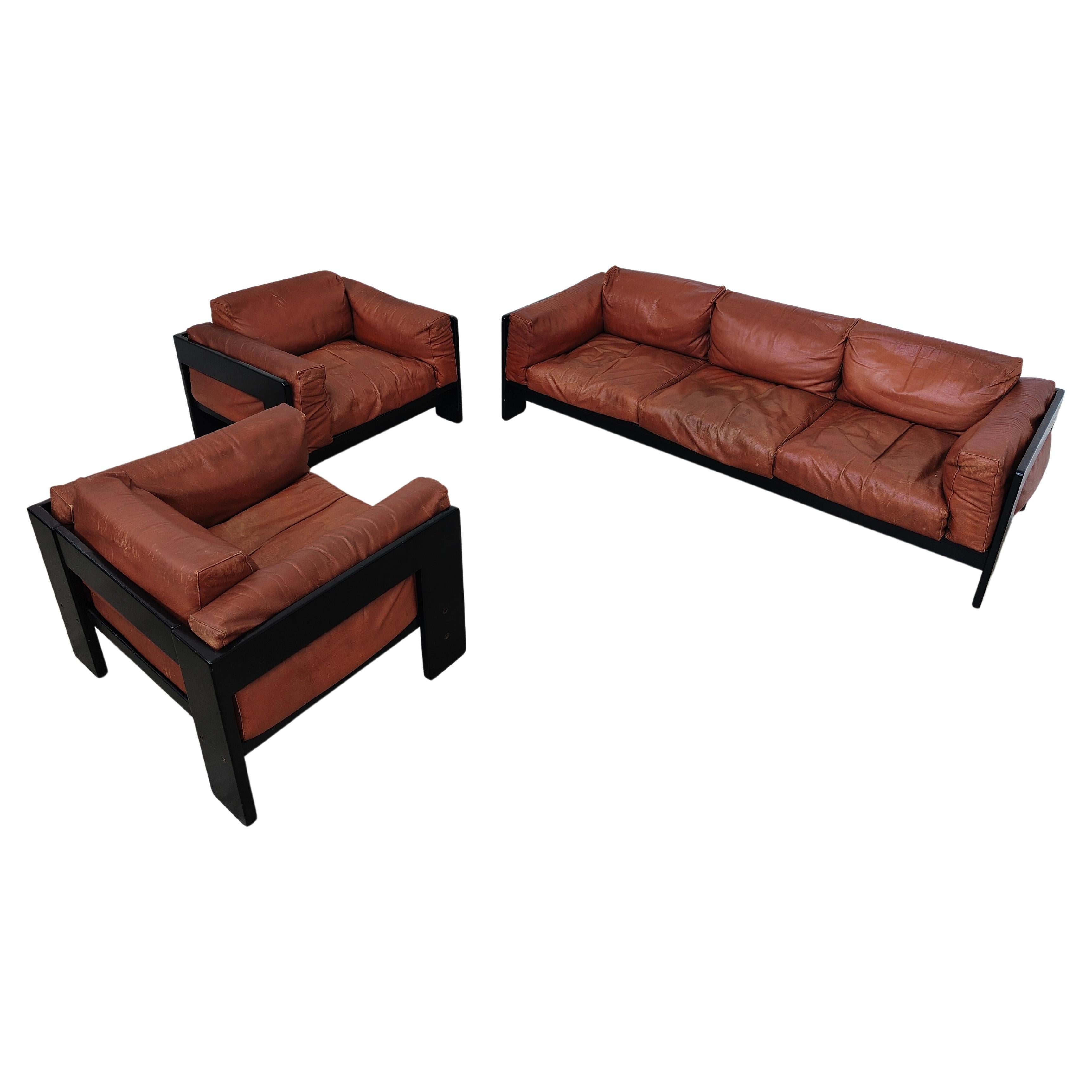 Leather Bastiano Sofa and Armchairs by Afra & Tobia Scarpa for Gavina 60s For Sale