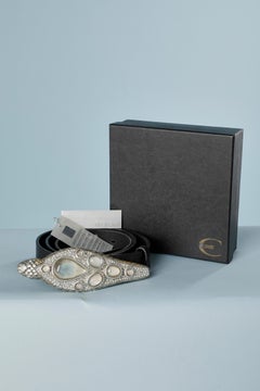 Leather belt with metallic and rhinestone snake head buckle Roberto Cavalli