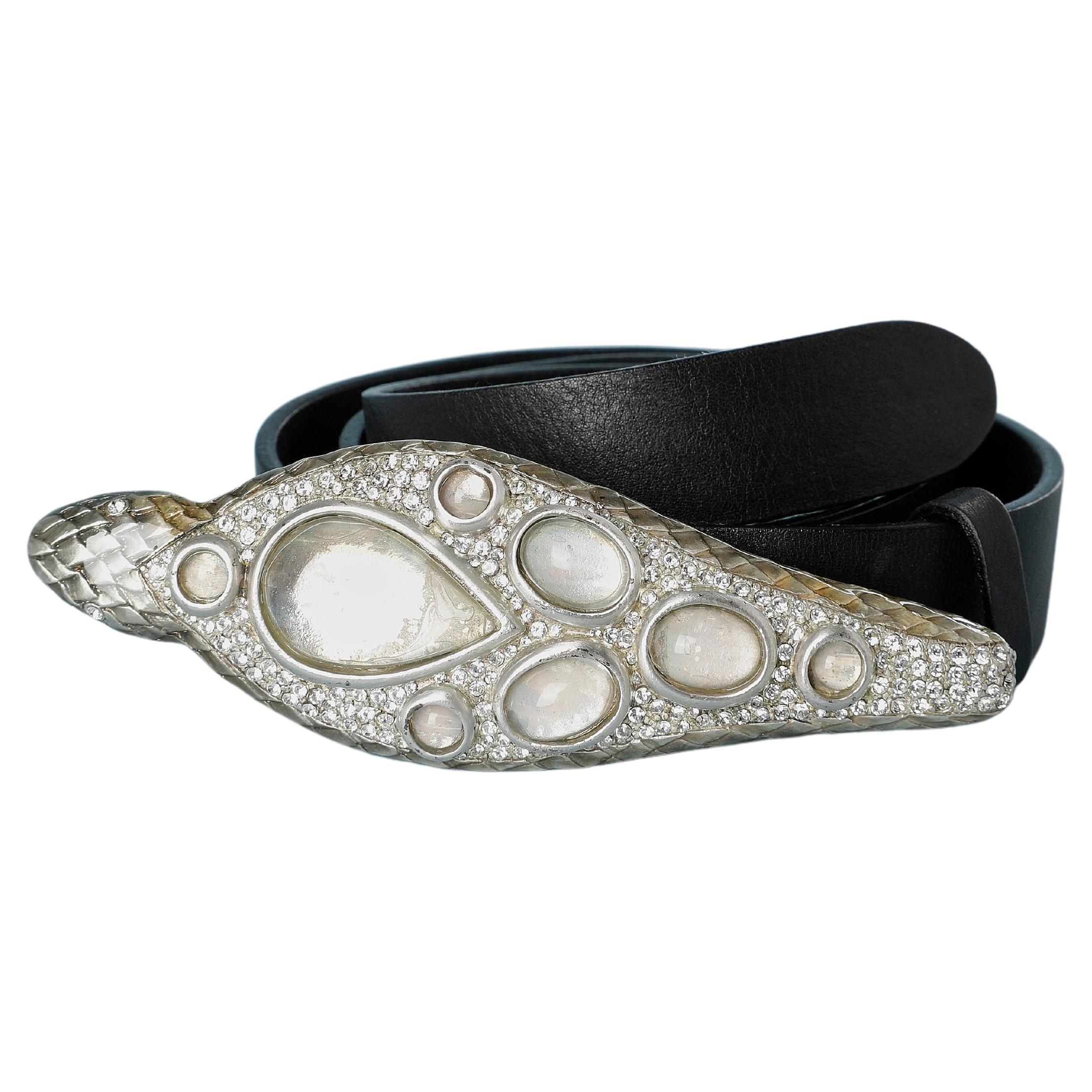 Leather belt with metallic and rhinestone snake head buckle Roberto Cavalli For Sale
