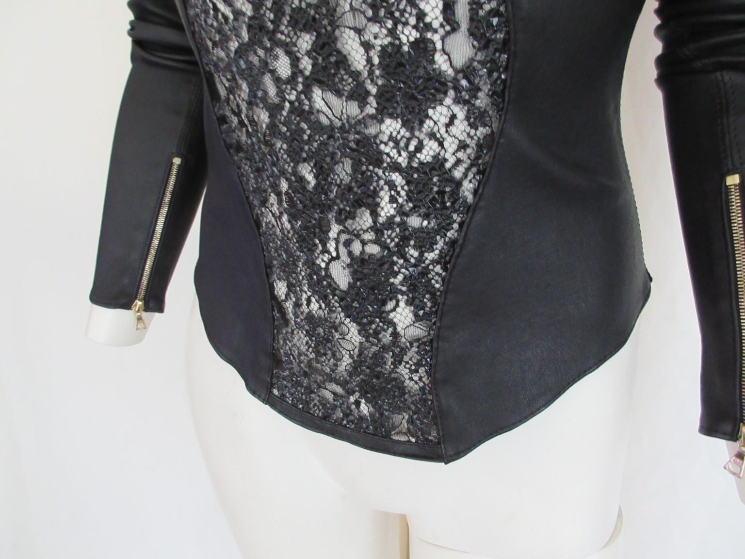 Leather Black Embroided Top  Stretch Small 6 For Sale 4