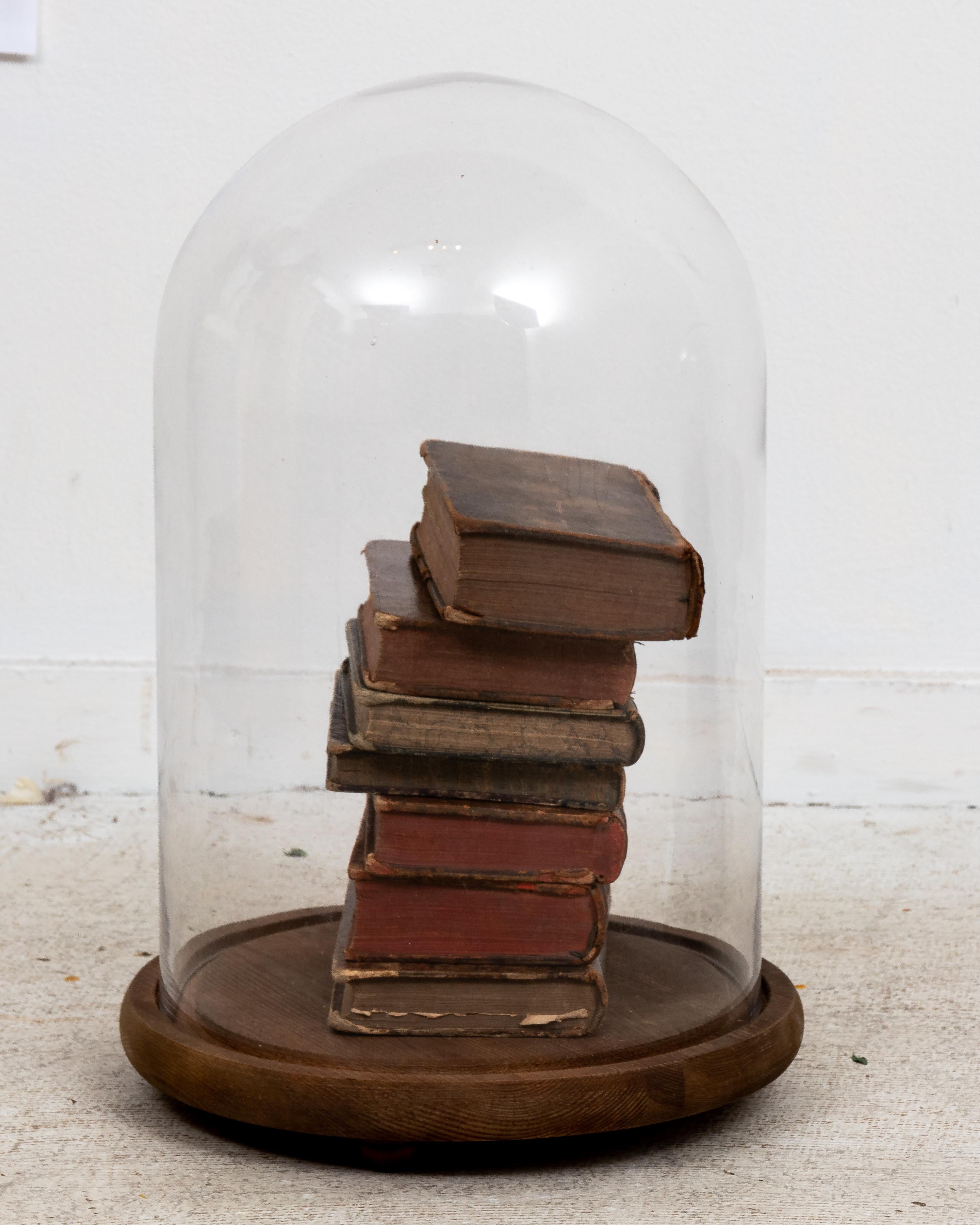 Circa 20th century collection of antique and vintage leather books displayed in a new glass cloche with wood base. Made in England. Please note of wear consistent with age.