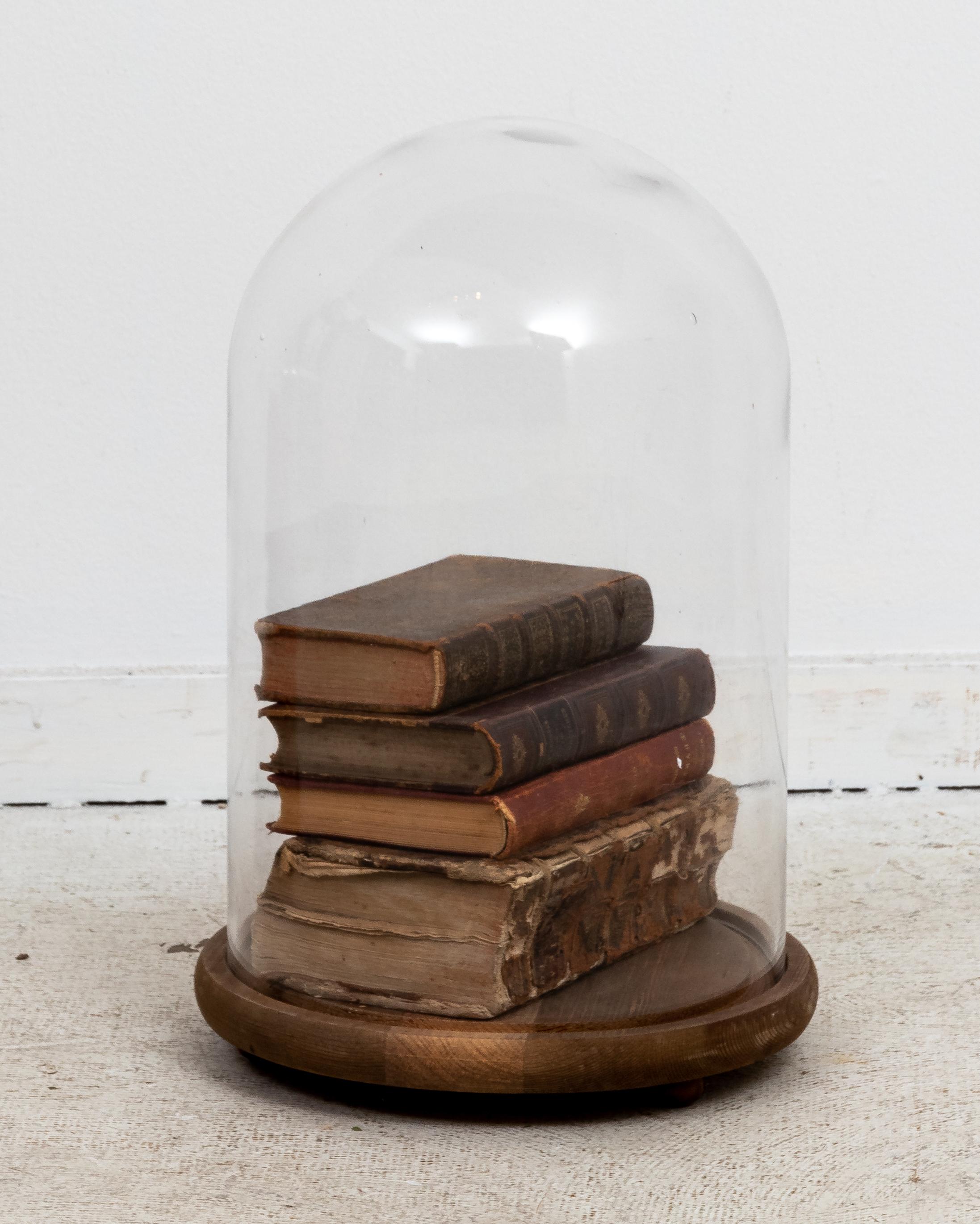 Leather Books in Glass Cloche In Good Condition For Sale In South Salem, NY