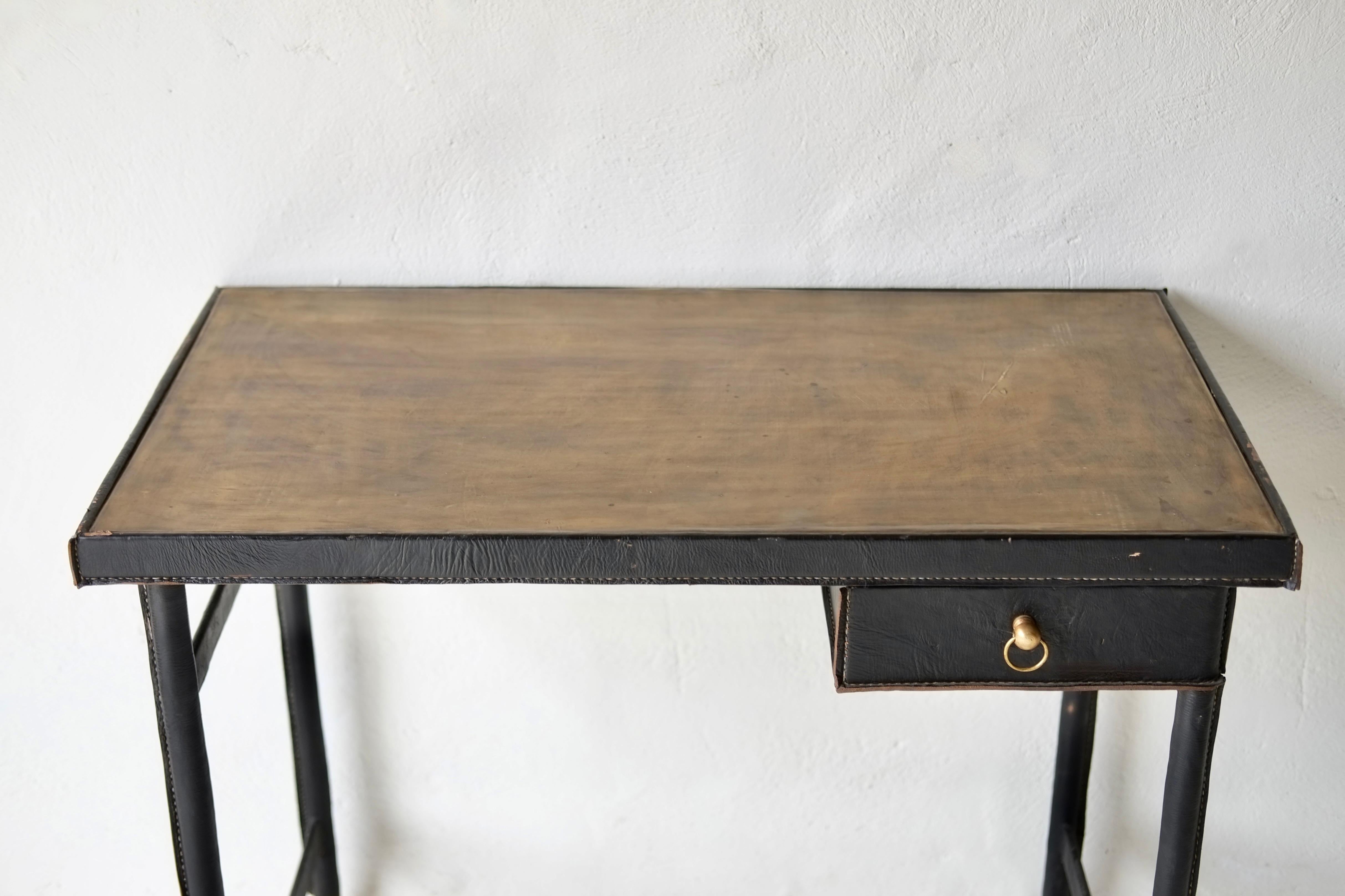 Brass Leather Bound Desk Attributed To Jacques Adnet For Sale