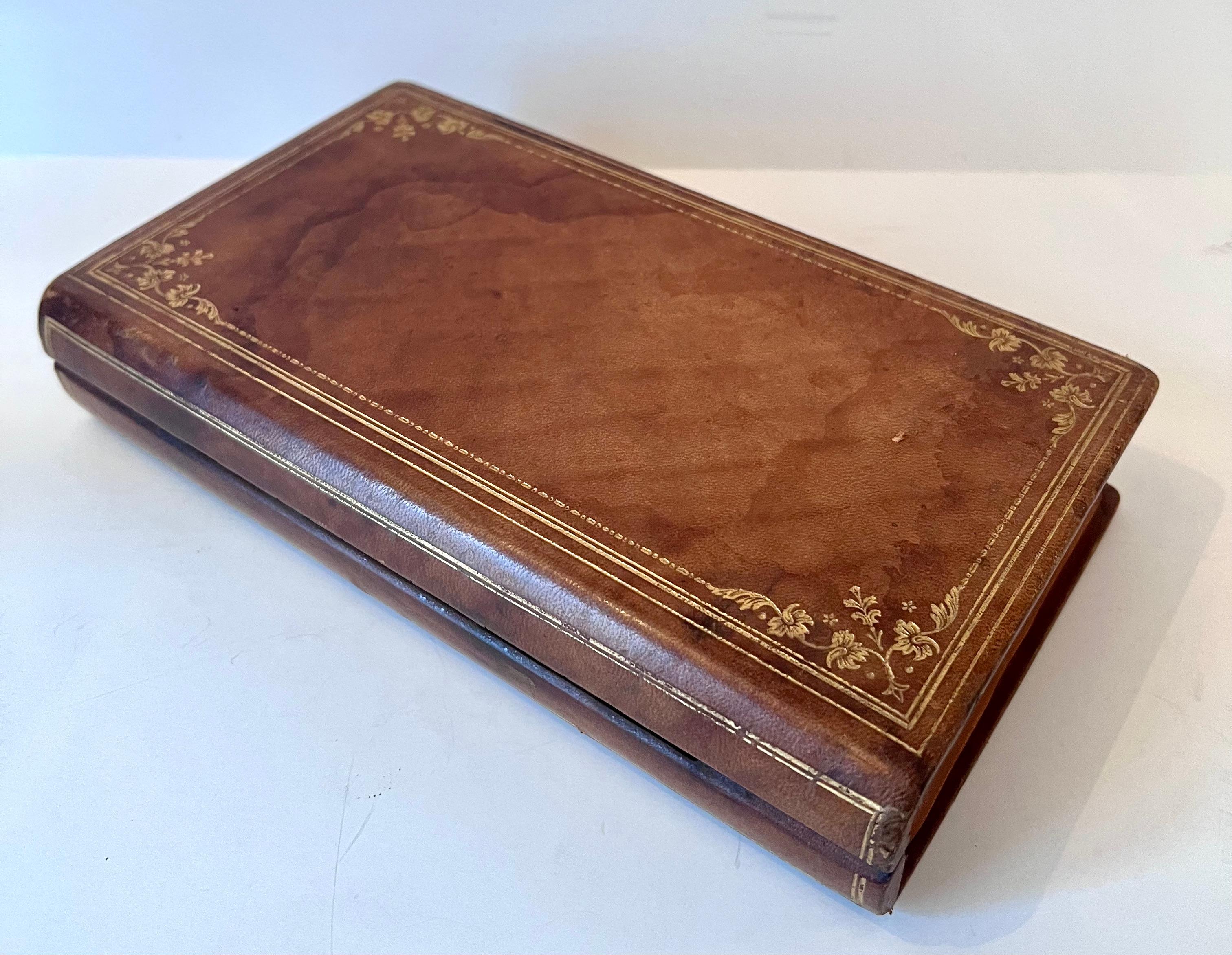 Etched Leather Bound Hinged Book for Storage and Document Storage For Sale