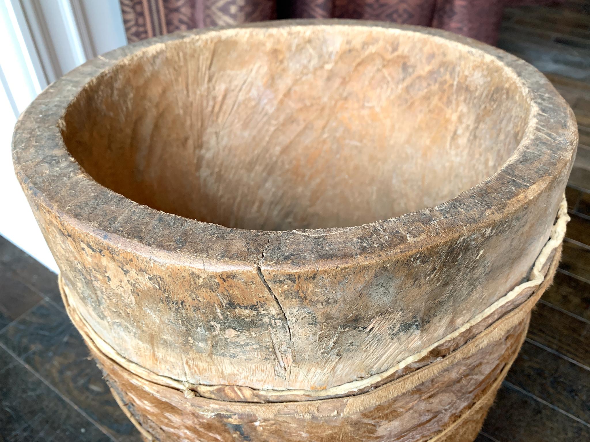 Leather-Bound Hornbeam Wooden Vessel For Sale 4
