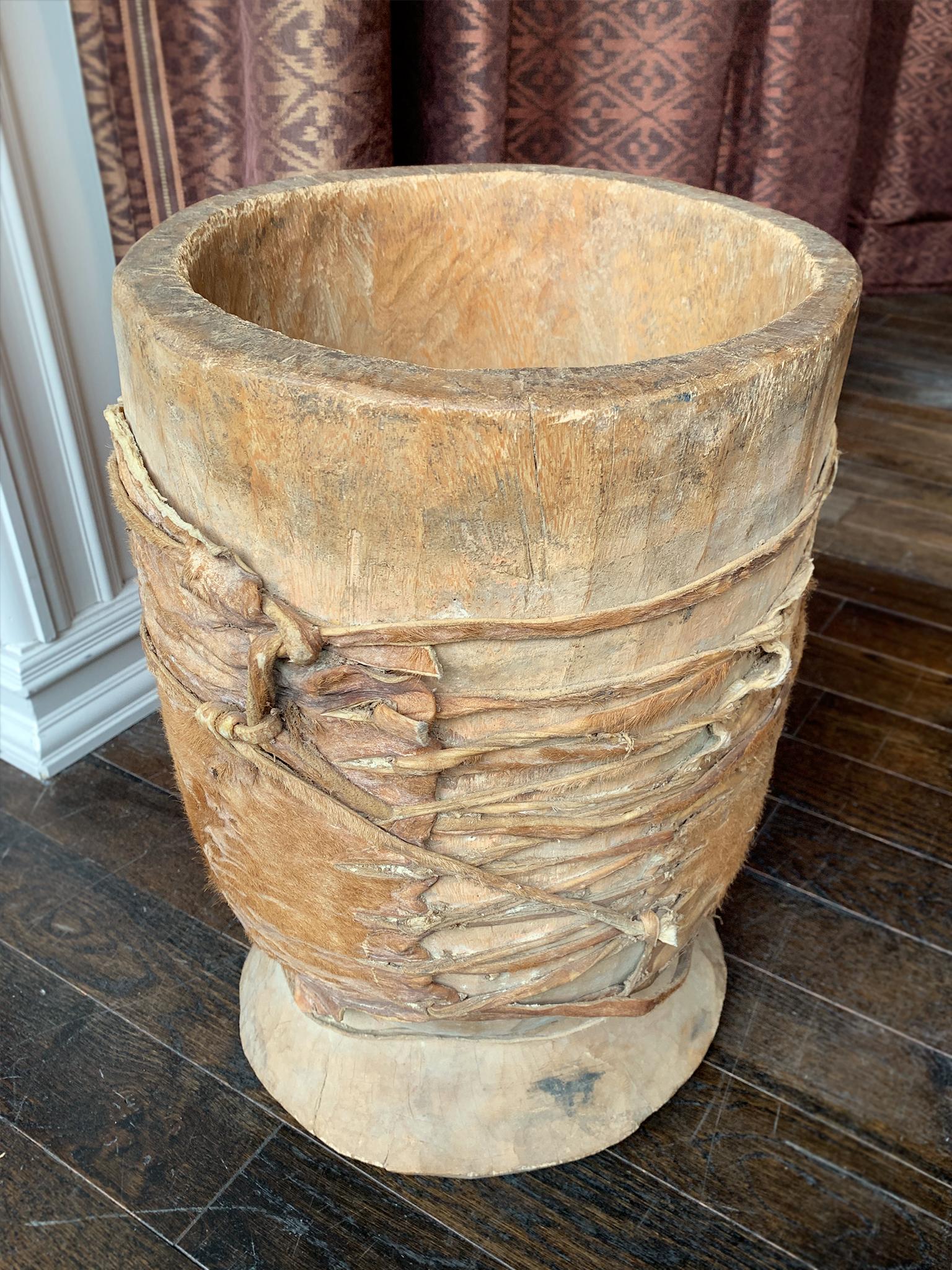 American Leather-Bound Hornbeam Wooden Vessel For Sale