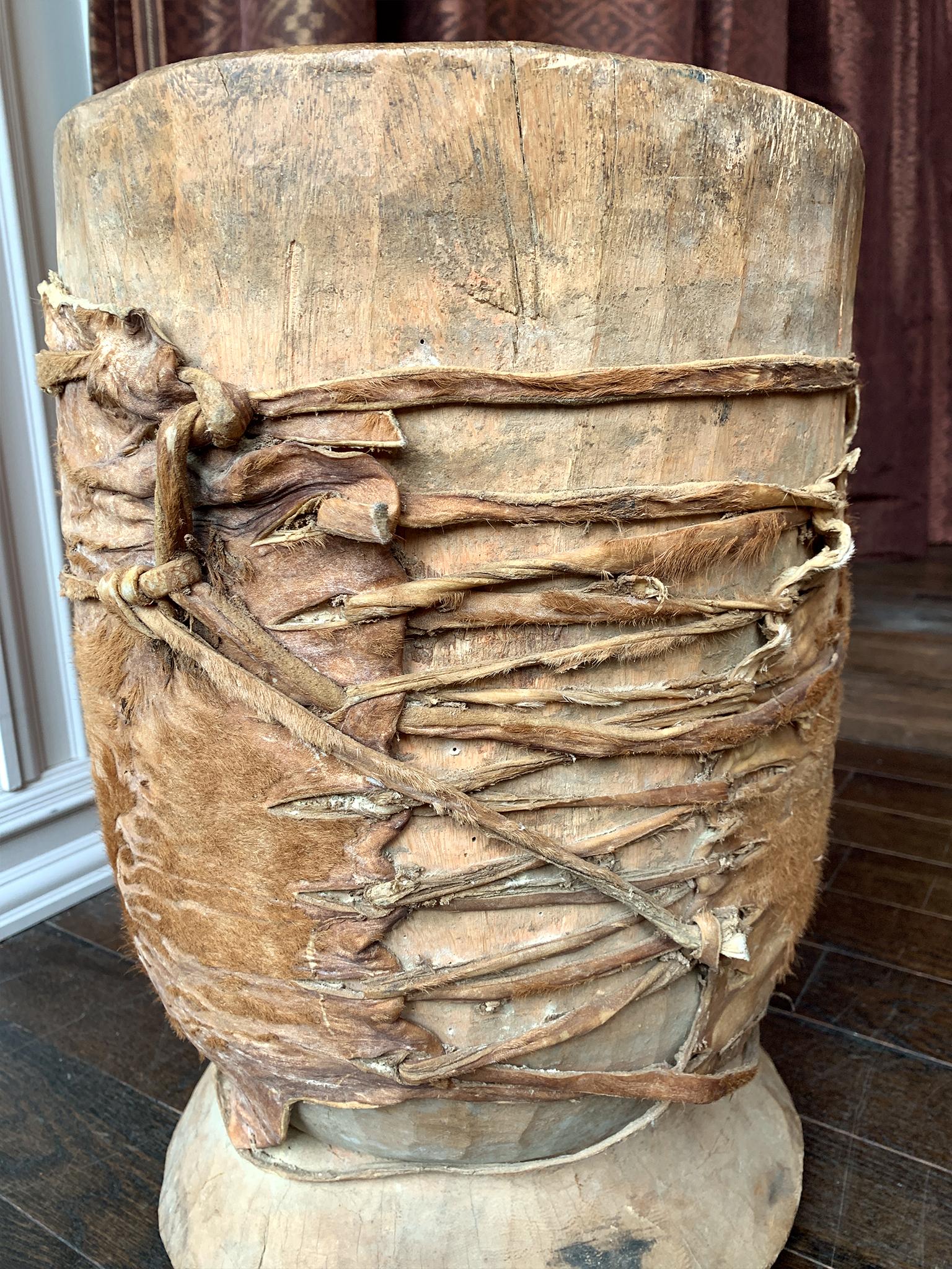 Hand-Crafted Leather-Bound Hornbeam Wooden Vessel For Sale