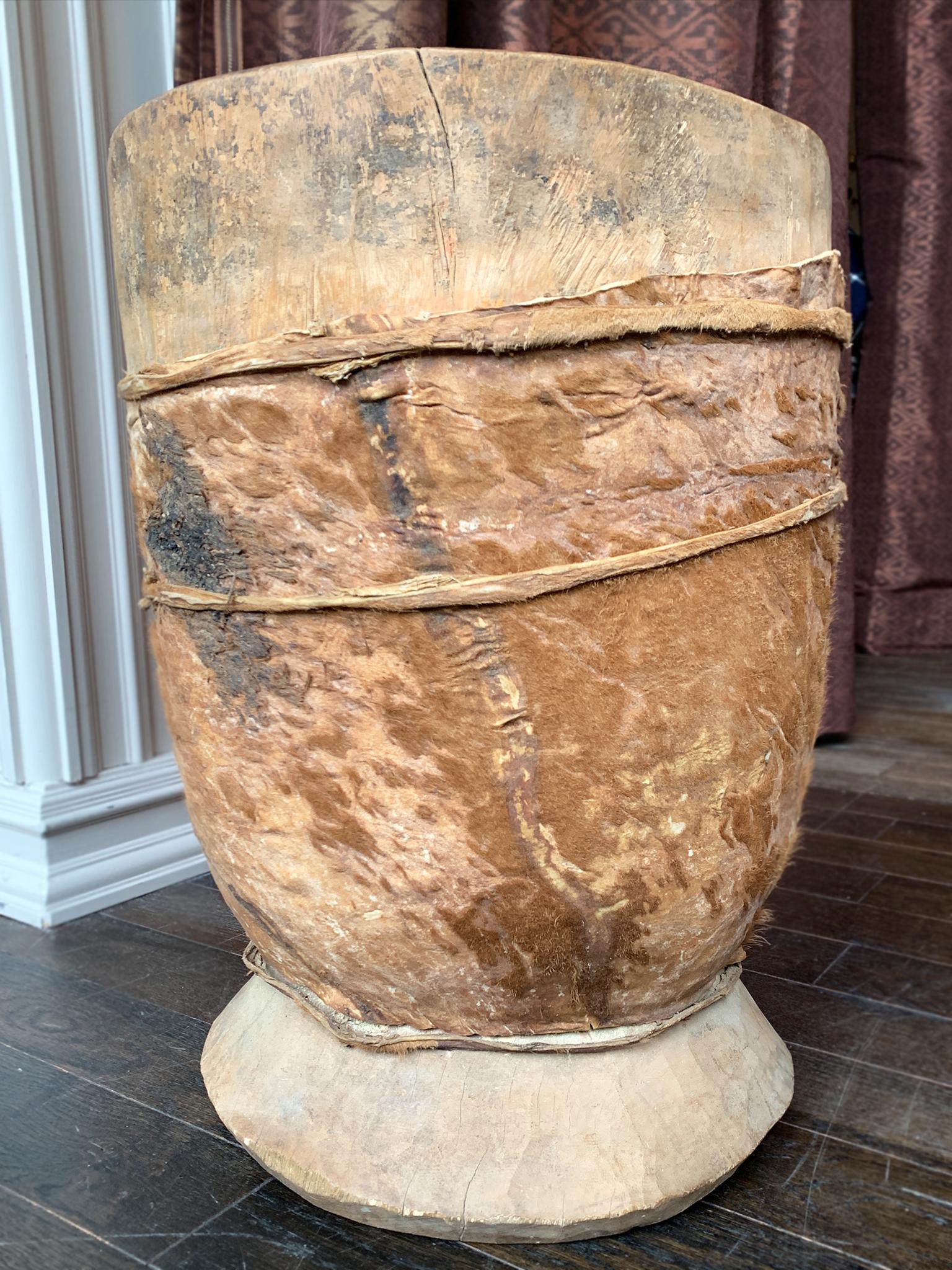 19th Century Leather-Bound Hornbeam Wooden Vessel For Sale