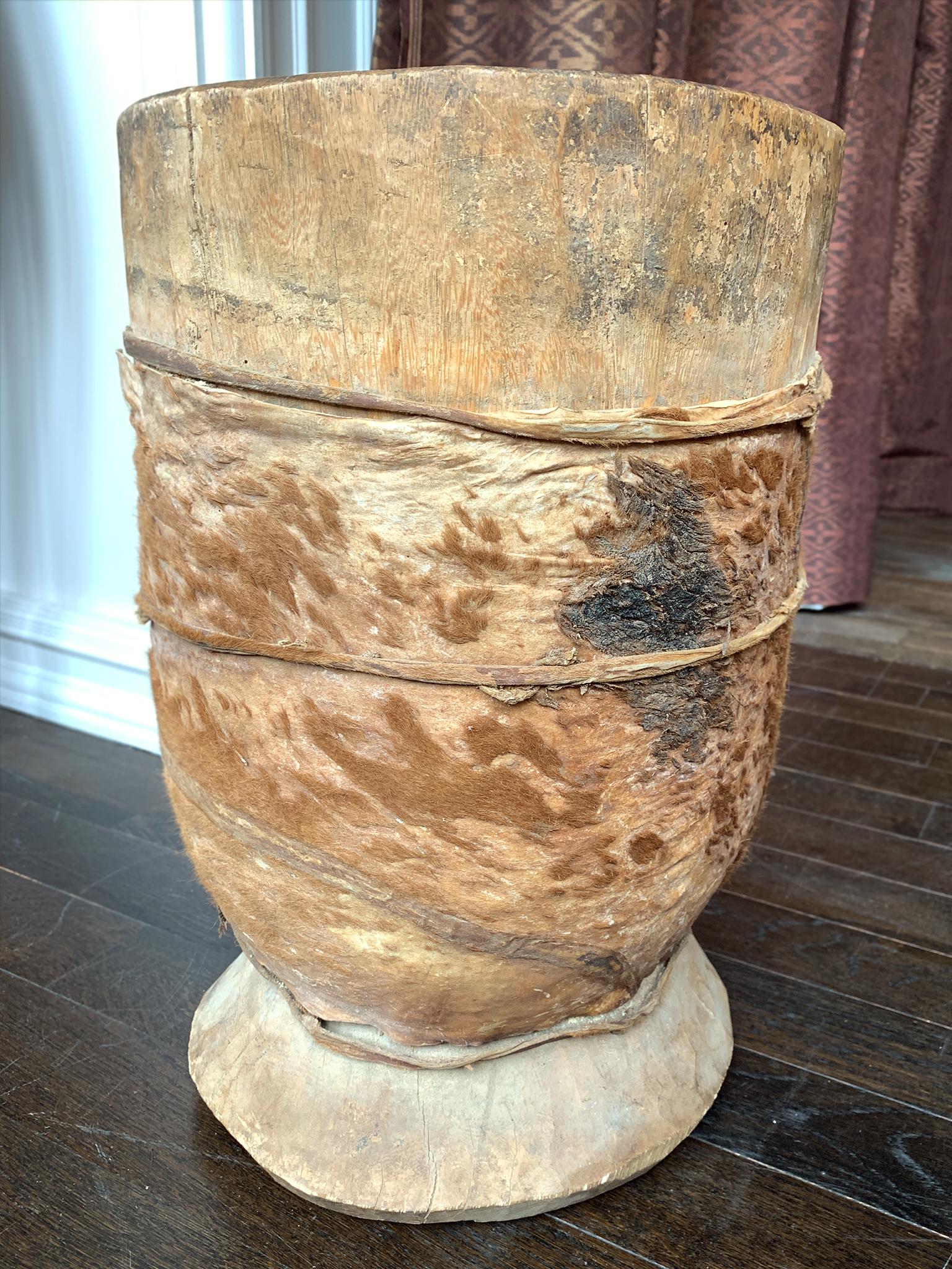 Leather-Bound Hornbeam Wooden Vessel For Sale 2
