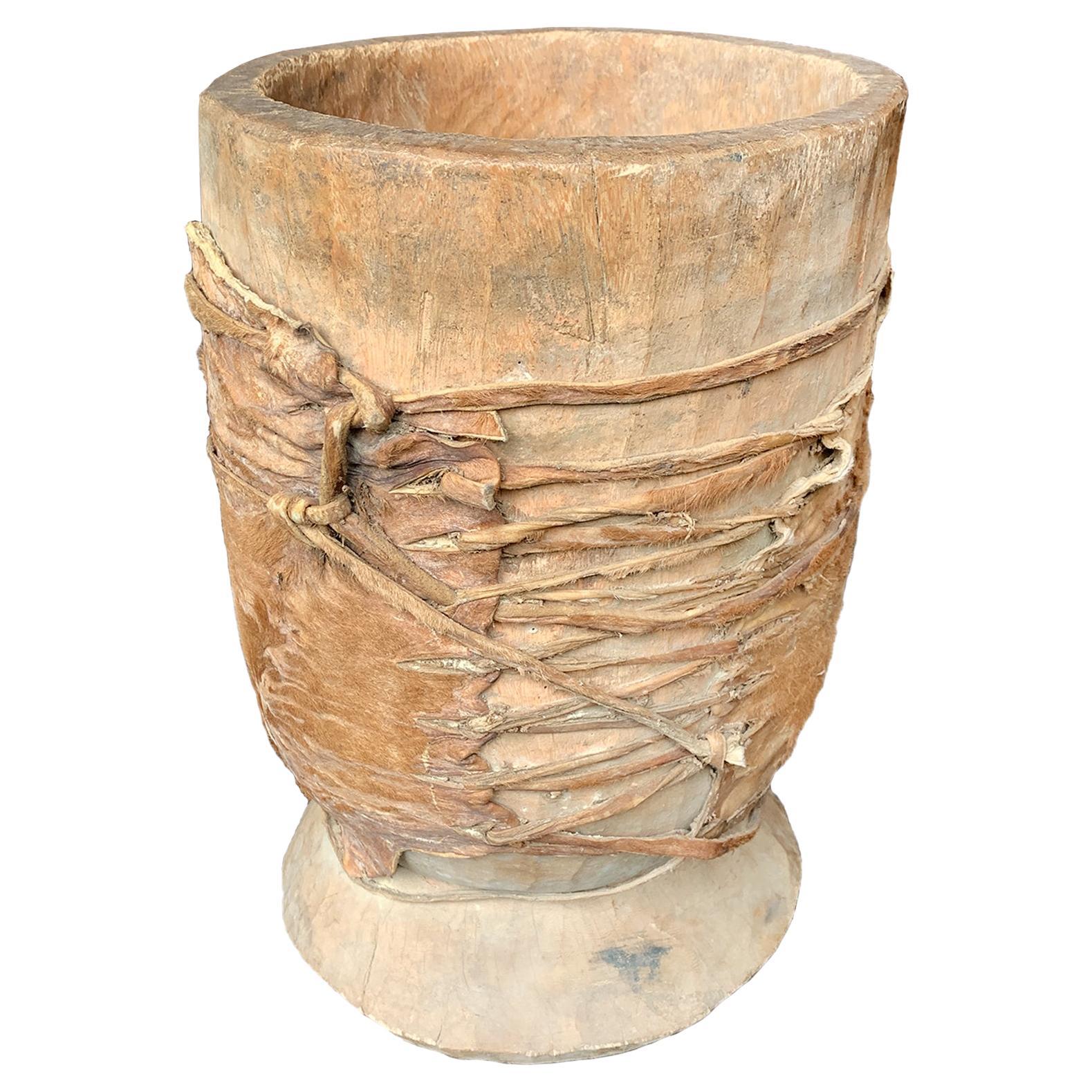 Leather-Bound Hornbeam Wooden Vessel For Sale