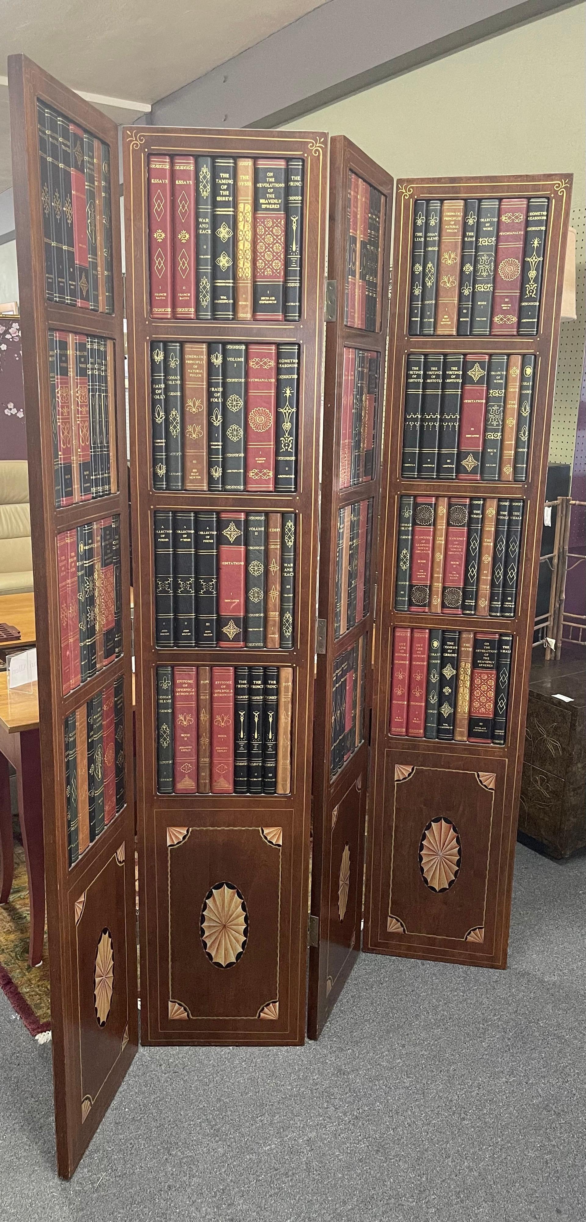 Hollywood Regency Leather Bound Library Book Four-Panel Folding Screen by Maitland Smith