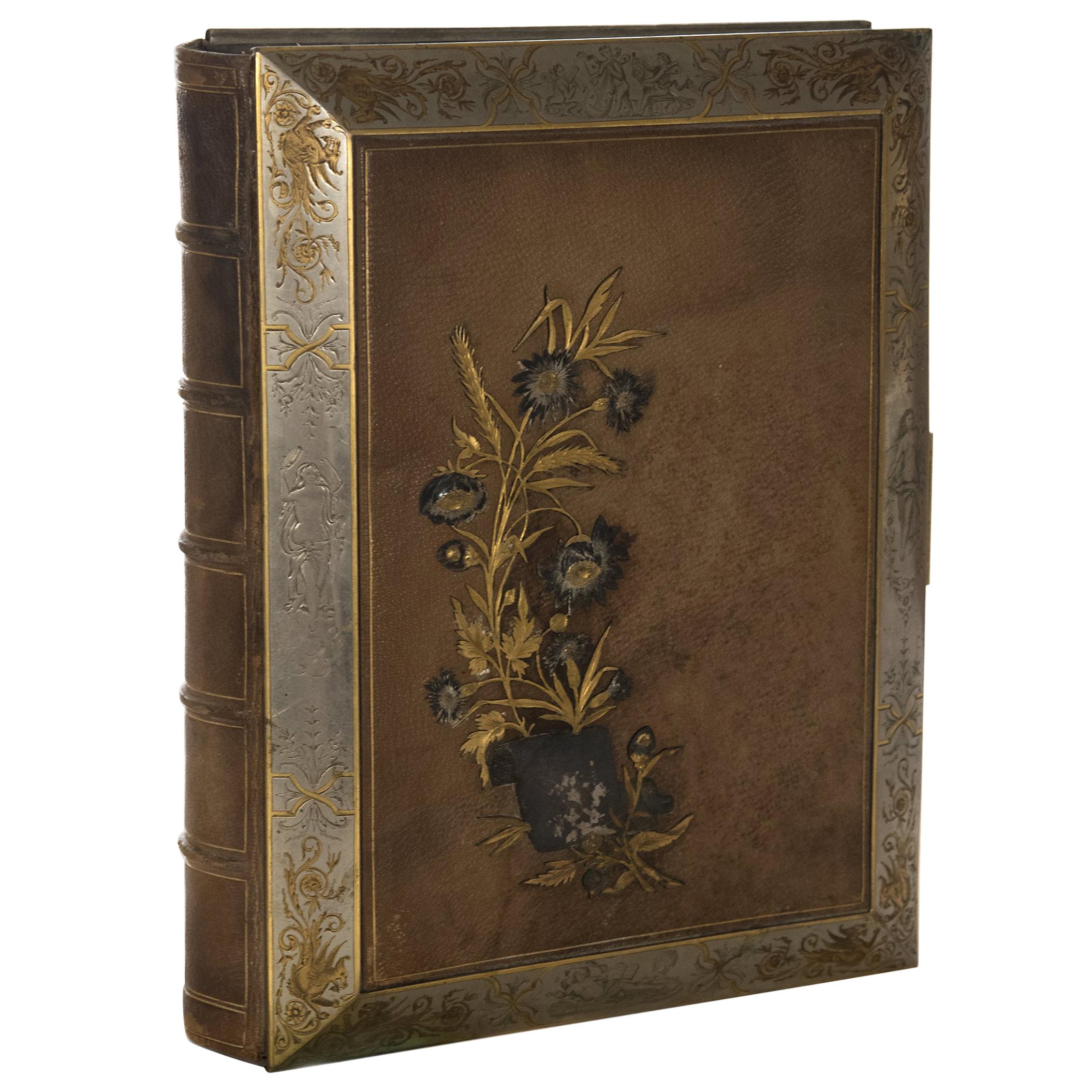 Leather Bound Photo Album with Sterling Silver and Gold Embellishments For Sale
